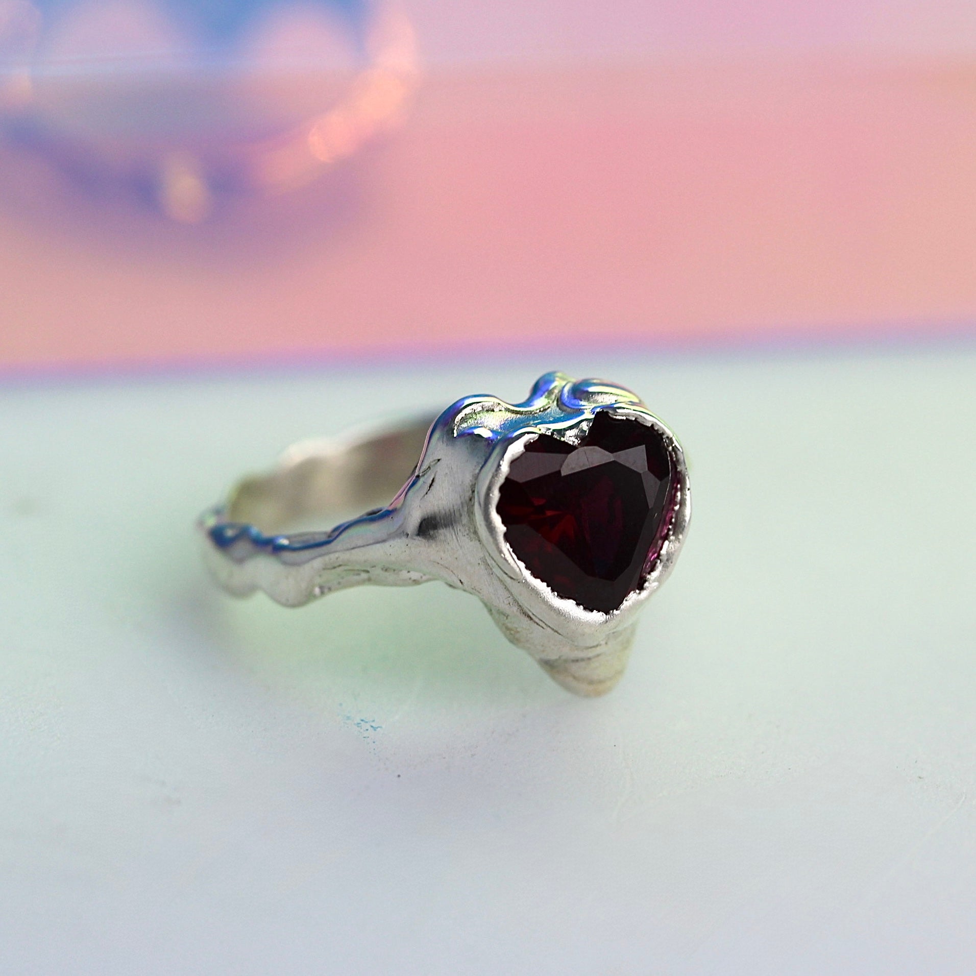 Cherries Sweet Ring – One Of A Kind - Sterling Silver Heart Gem Statement Ring