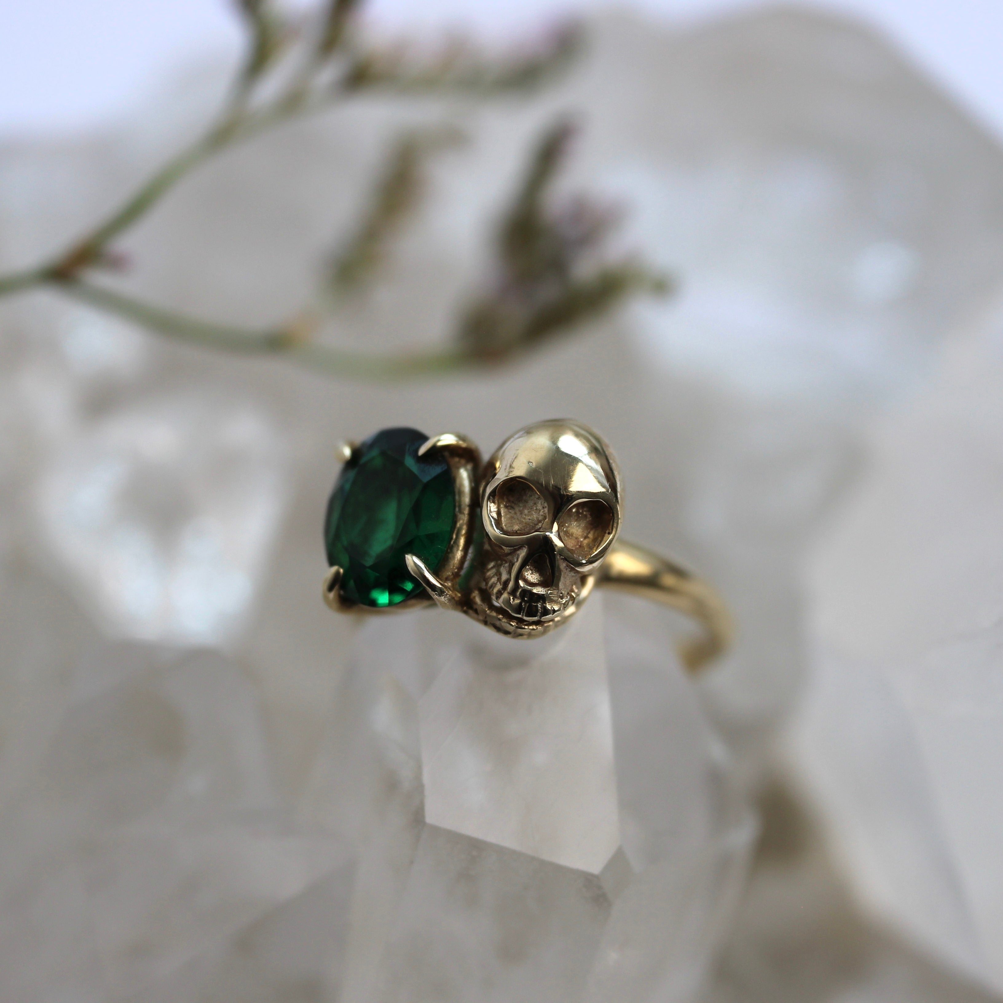 Windfall Jewellery The Bitter End skull ring with deep red gemstone set in rose gold — unique handcrafted gothic-inspired jewellery for men and women