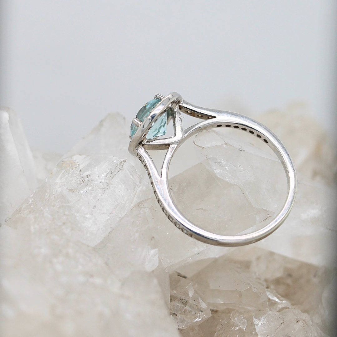 SALE - Aquamarine Halo - Aquamarine - White Gold - Size M - Ready to Ship