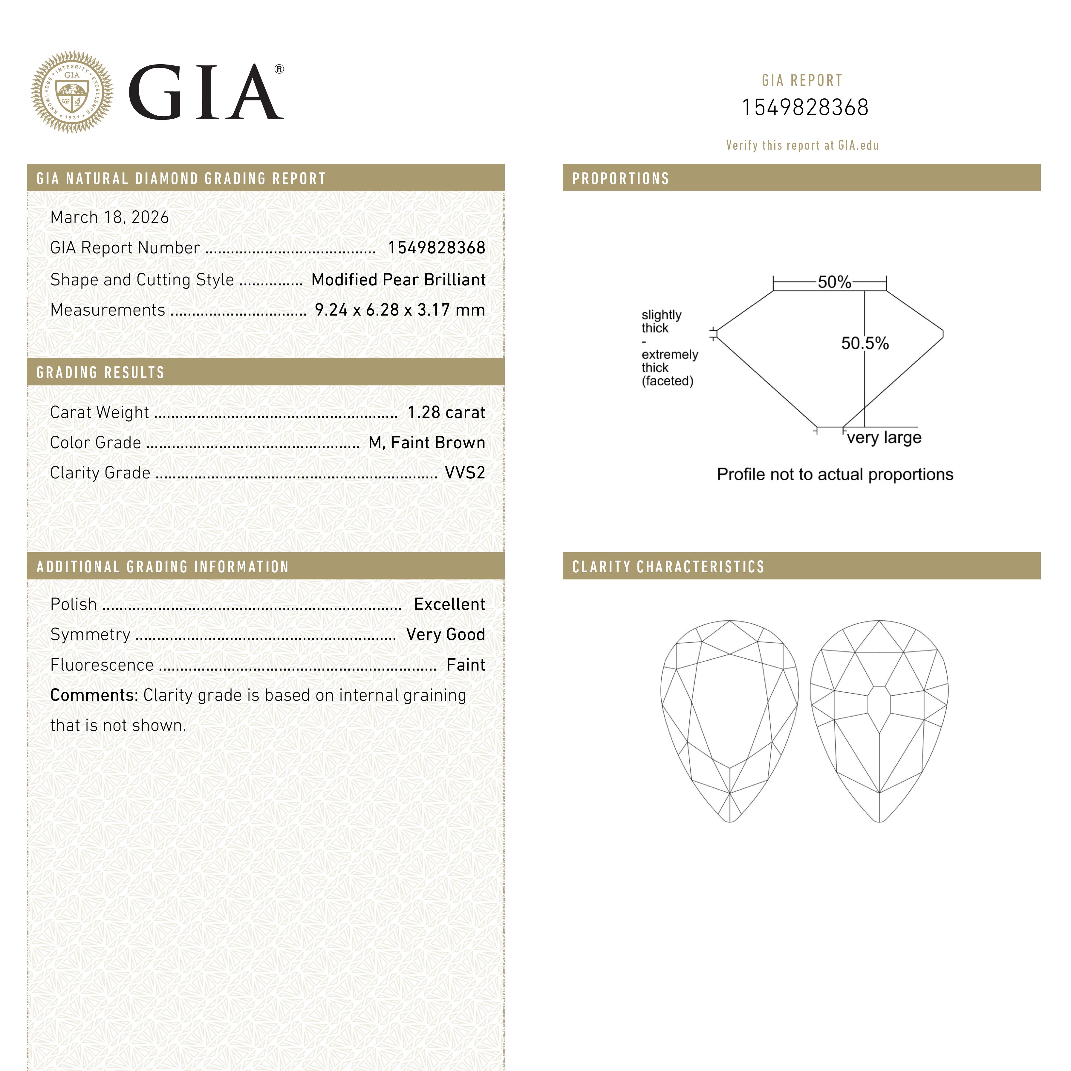1.28ct 9.24x6.28x3.17mm GIA VVS2 M Pear Brilliant 28021-01