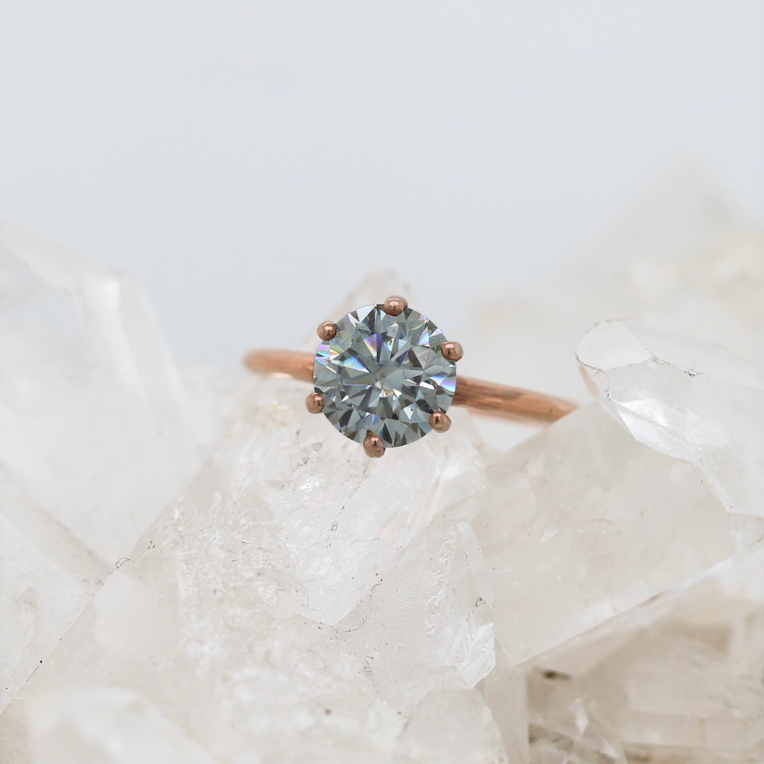 Fugazi Solitaire - Grey Moissanite - Brushed Rose Gold - Ready to Ship