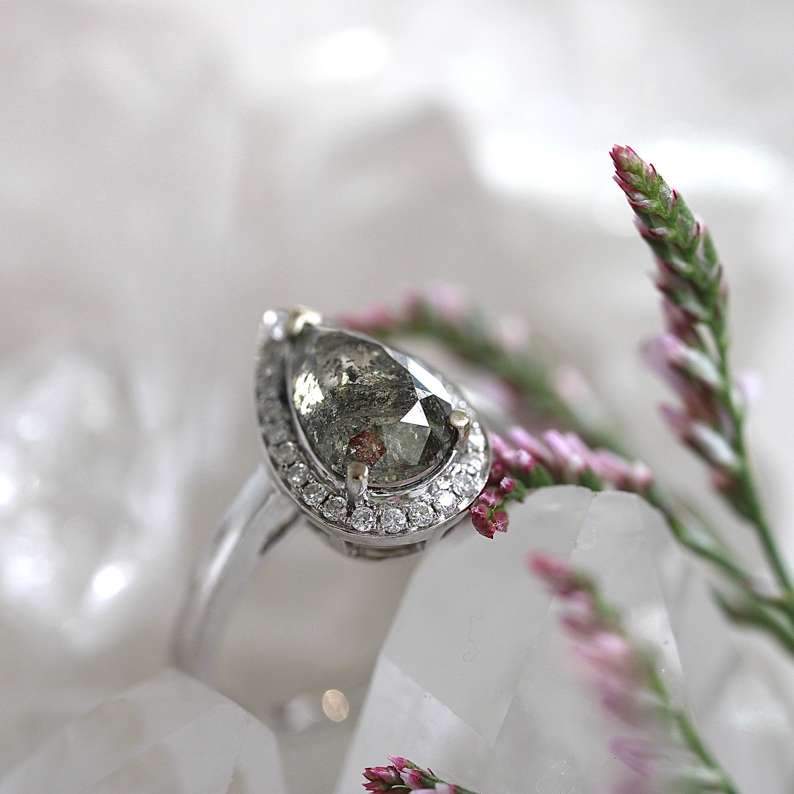 SALE - 1.5CT Salt + Pepper Pear Halo - Size L