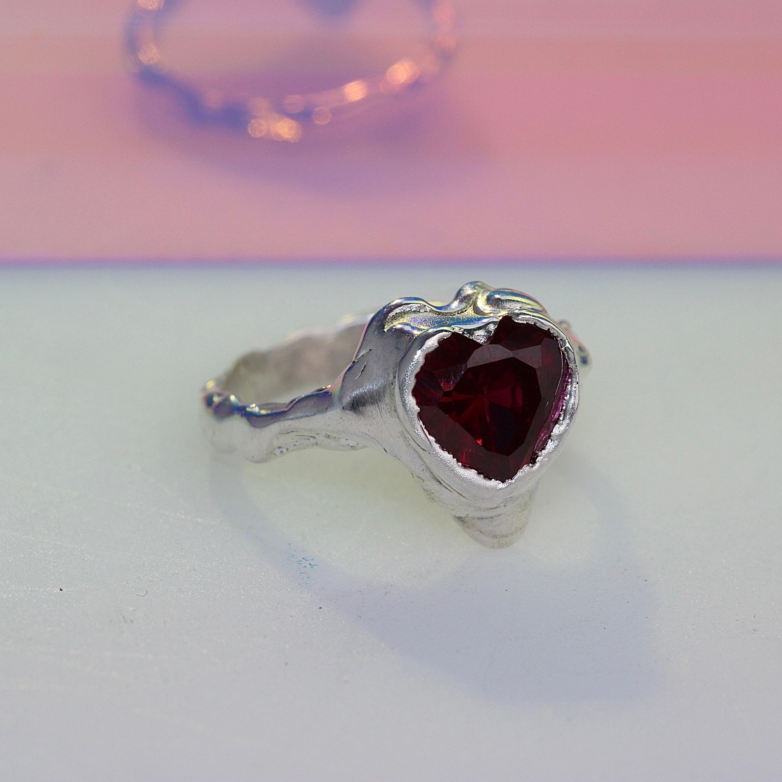 Cherries Sweet Ring – One Of A Kind - Sterling Silver Heart Gem Statement Ring