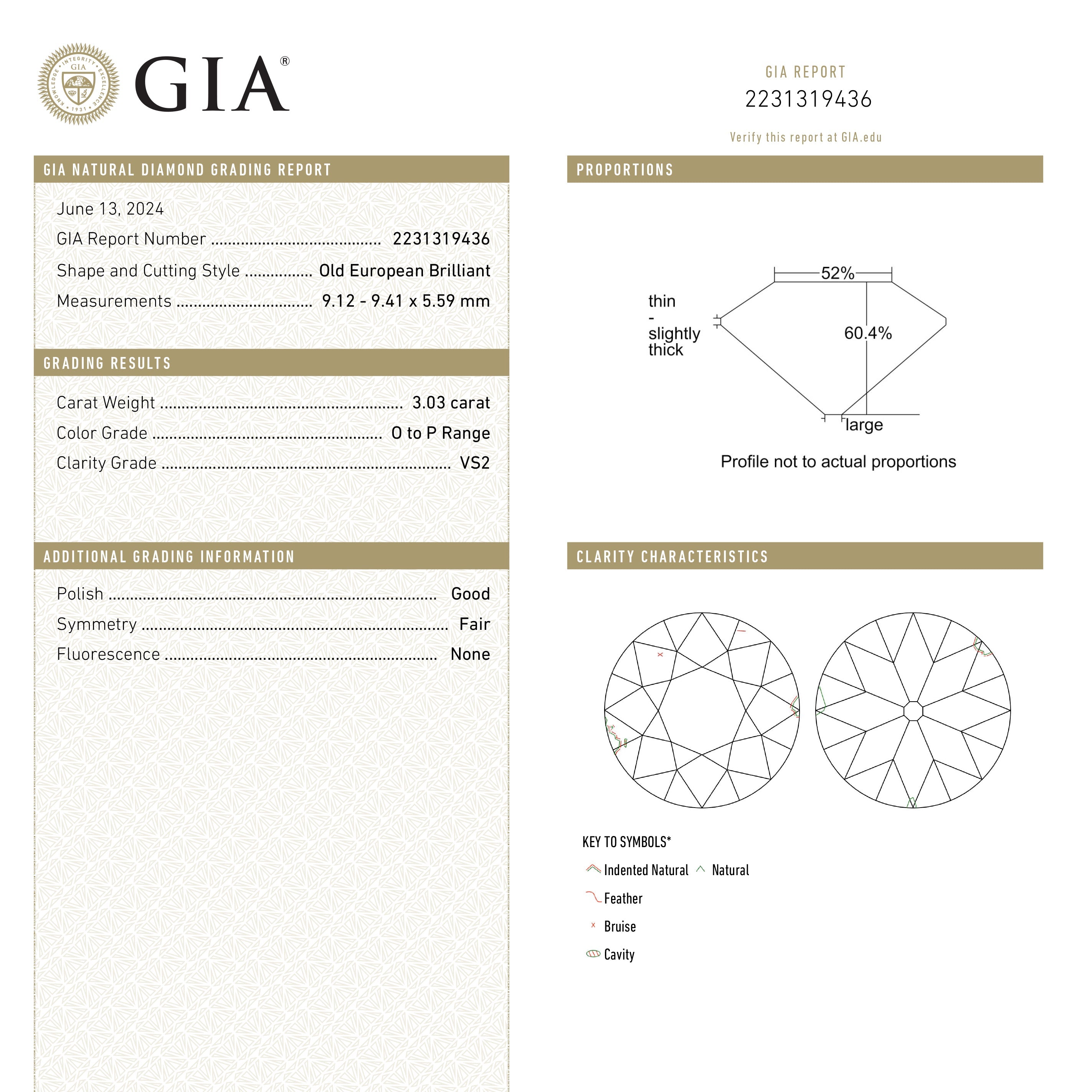 3.03ct 9.41x9.12x5.59mm GIA VS2 O-P Antique Old European Cut 26167-01