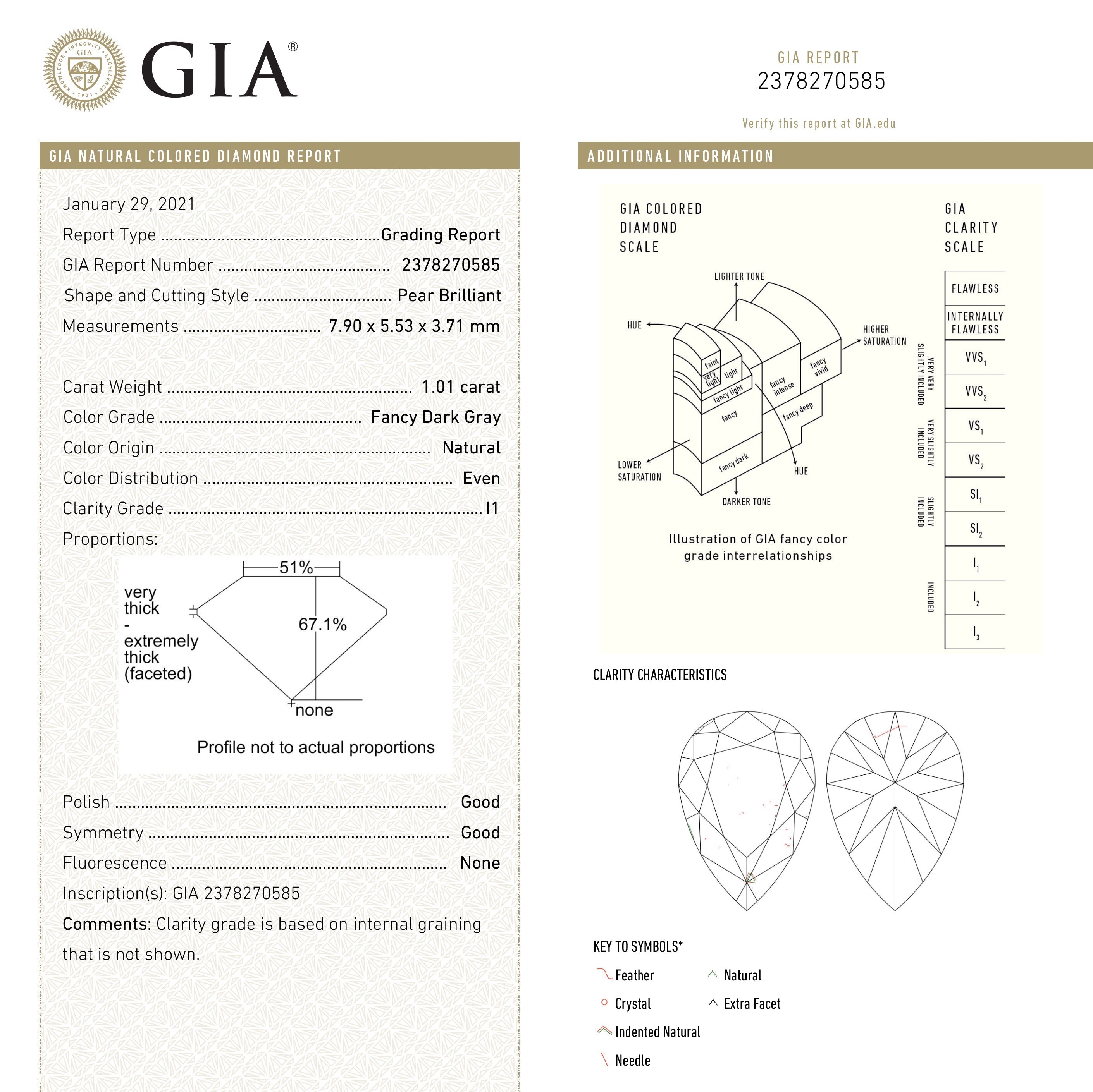 1.01ct 7.90x5.53x3.71mm GIA I1 Fancy Dark Grey Pear Brilliant 19544-01