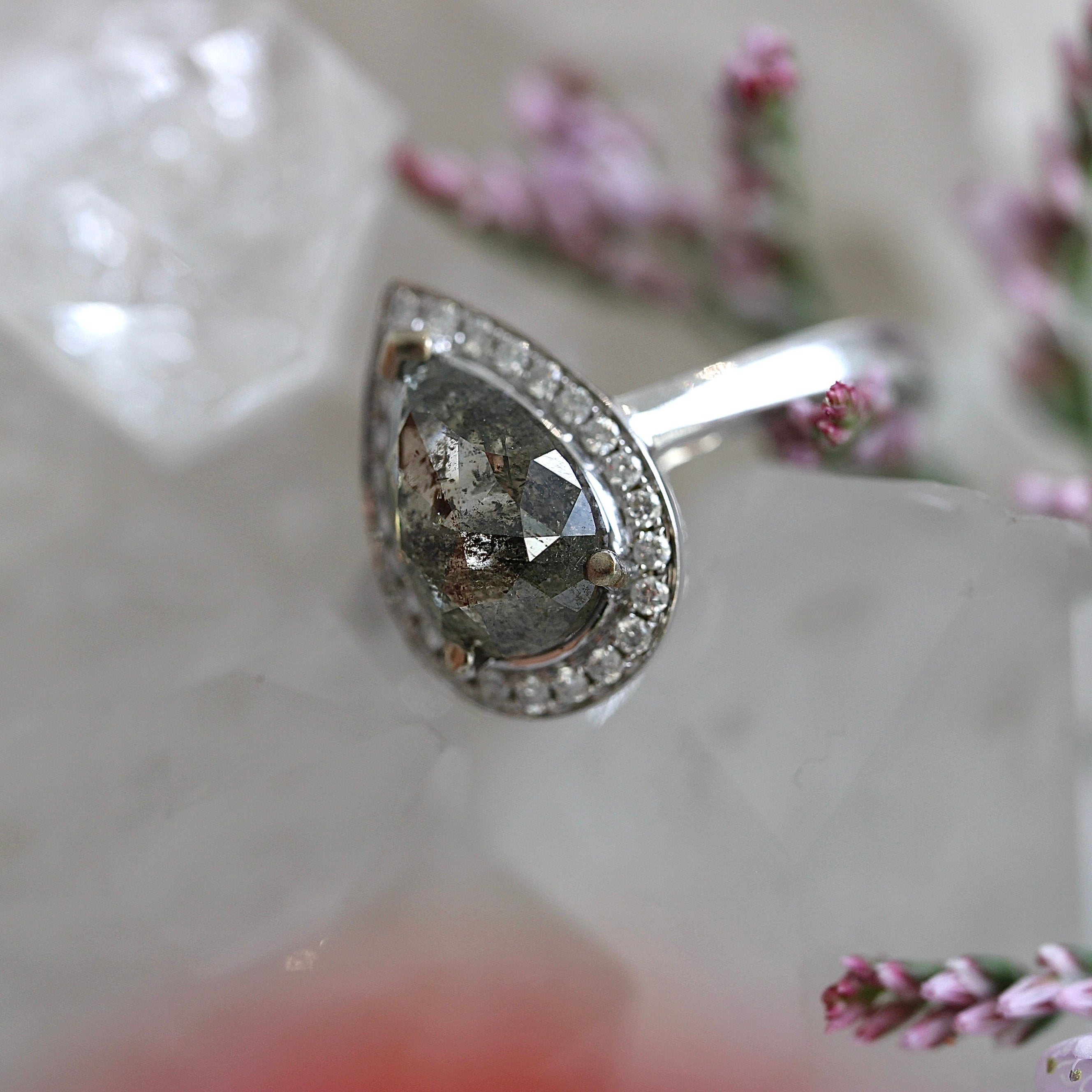 SALE - 1.5CT Salt + Pepper Pear Halo - Size L
