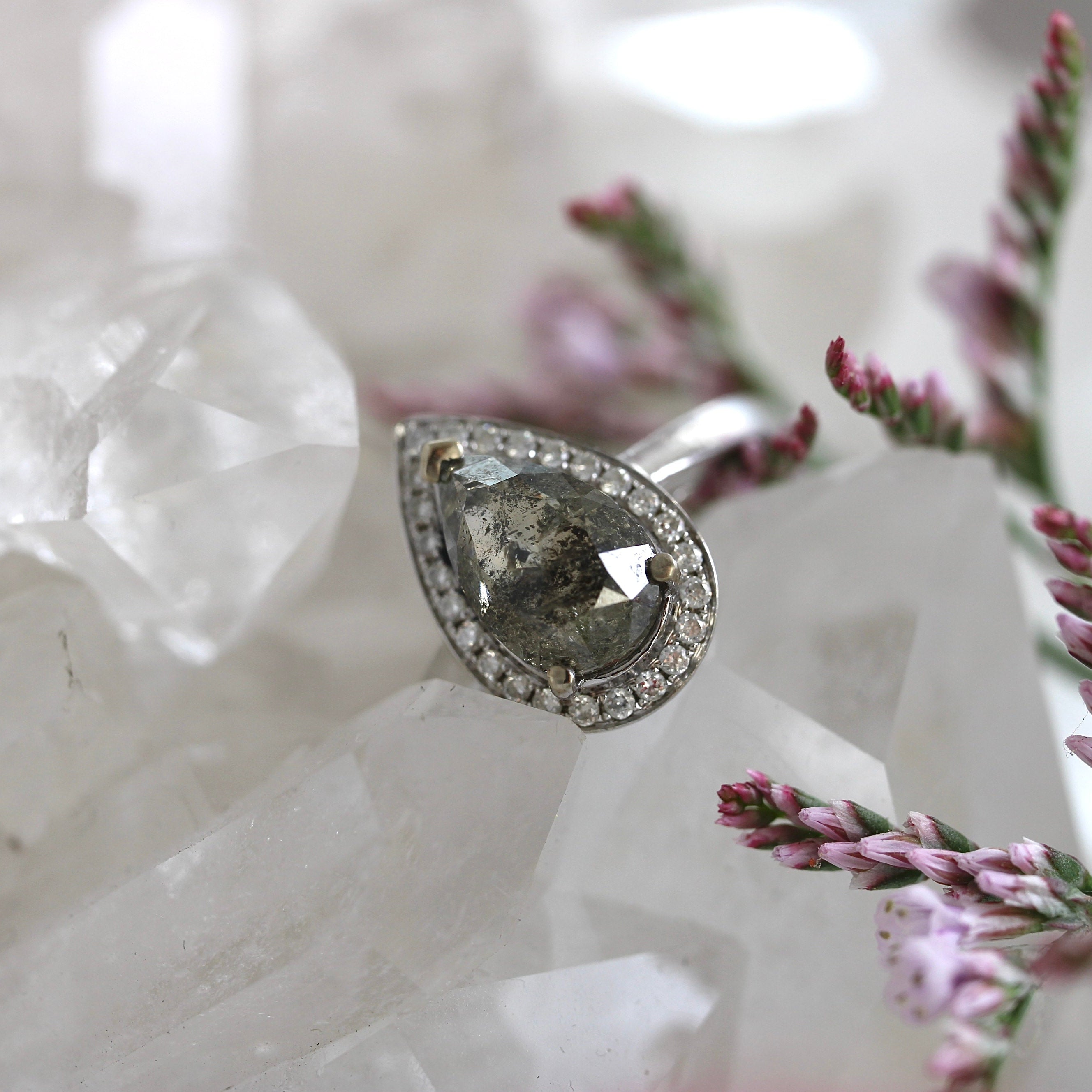 SALE - 1.5CT Salt + Pepper Pear Halo - Size L