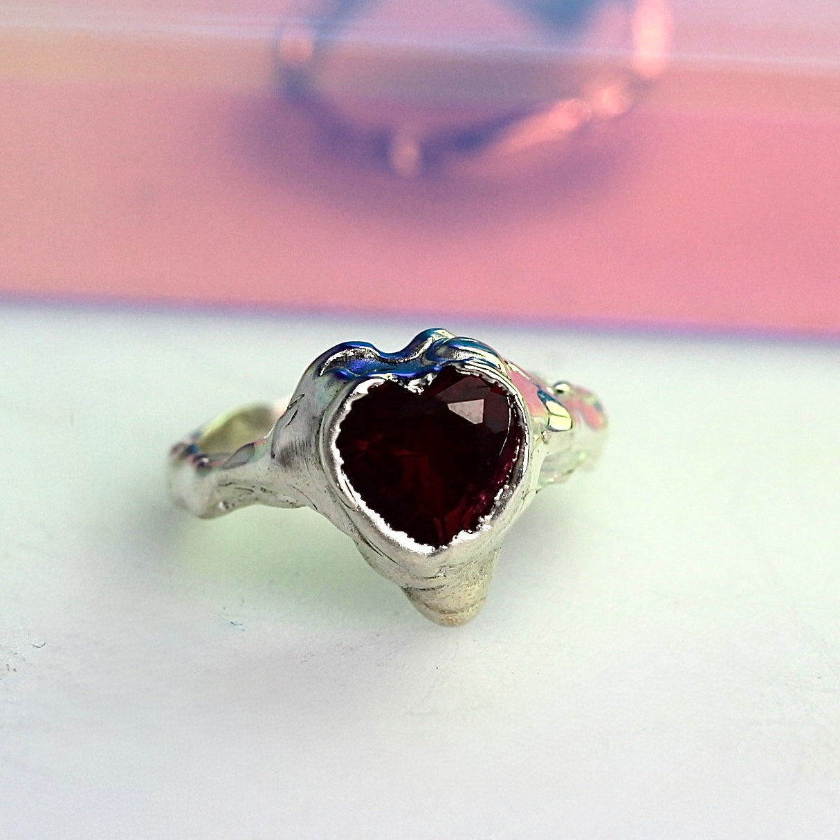 Cherries Sweet Ring – One Of A Kind - Sterling Silver Heart Gem Statement Ring