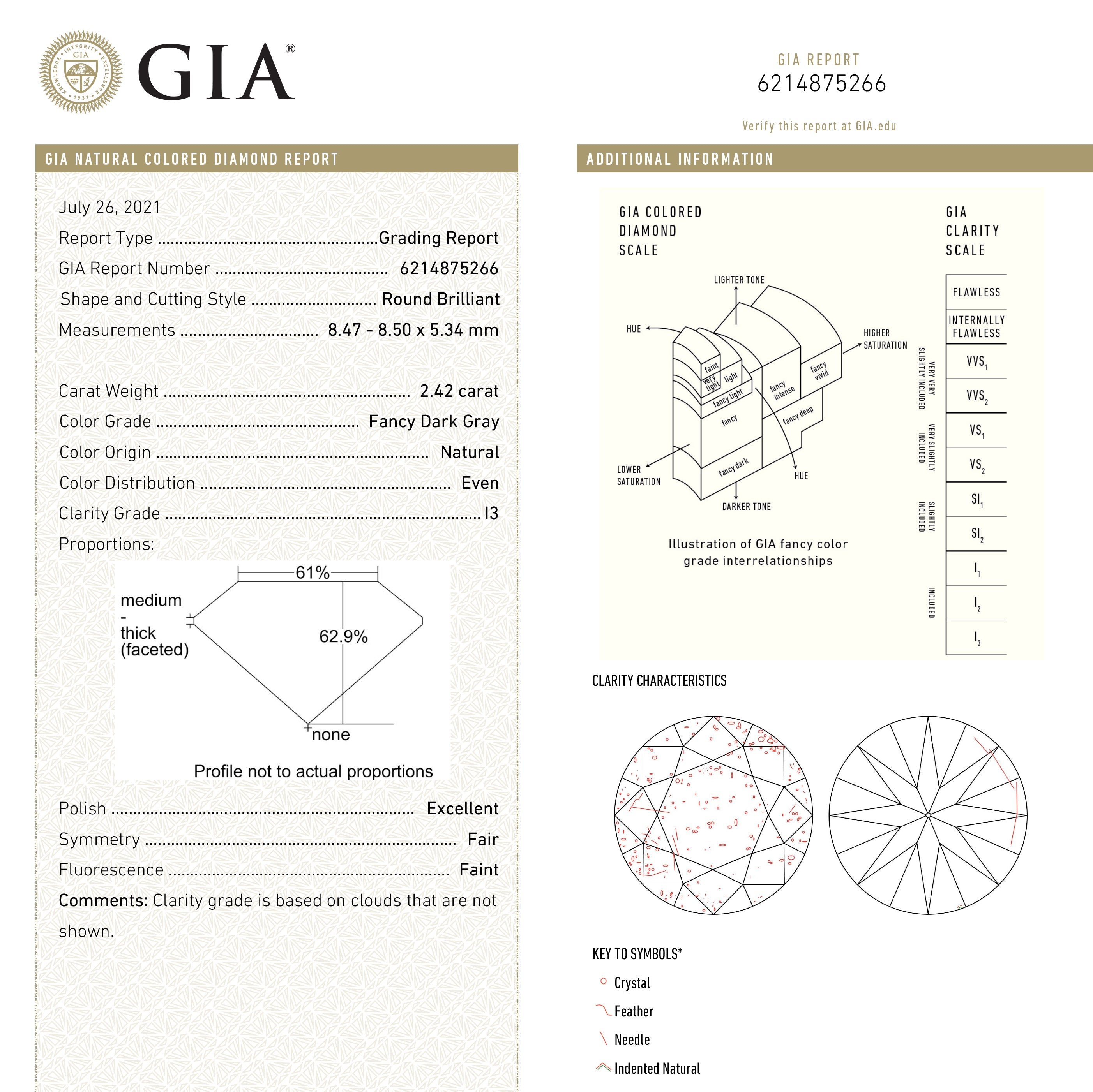 2.42ct 8.50x8.47x5.34mm GIA I3 Fancy Grey Round Brilliant 19509-01