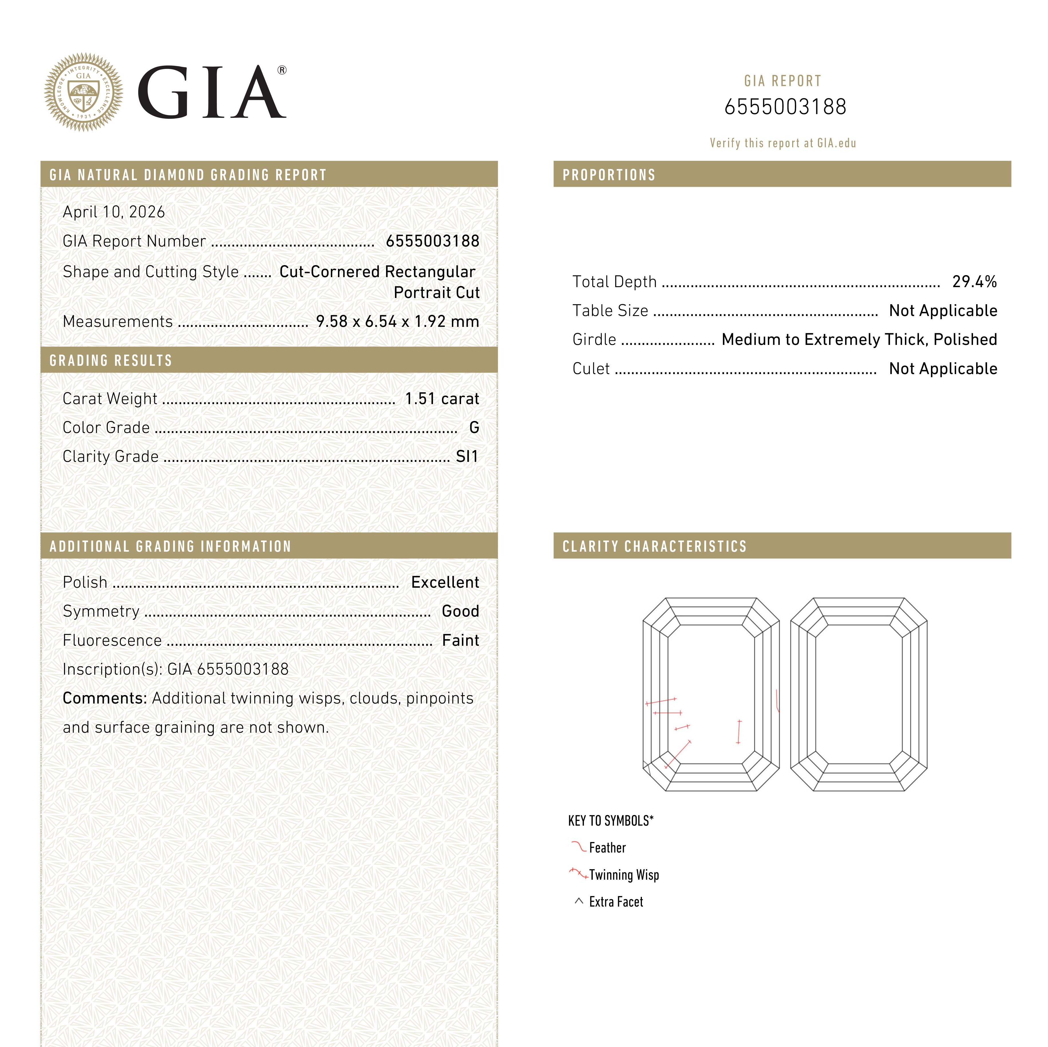 1.51ct 9.58x6.54x1.92mm GIA SI1 G Cut Corner Rectangle Portrait Cut 28015-01