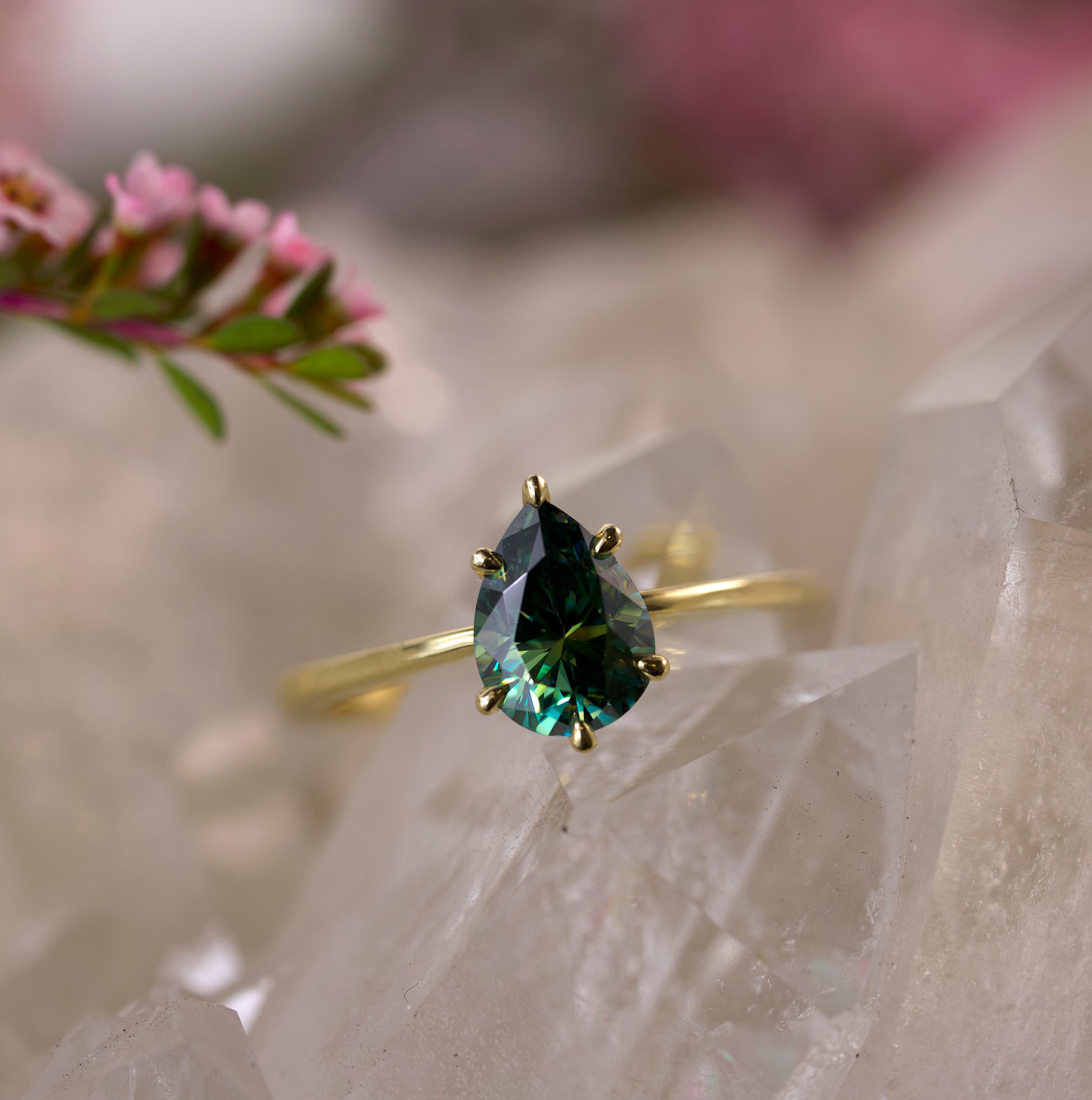 Pear Solitaire - 6 Claw - Green Moissanite - Ready to Ship