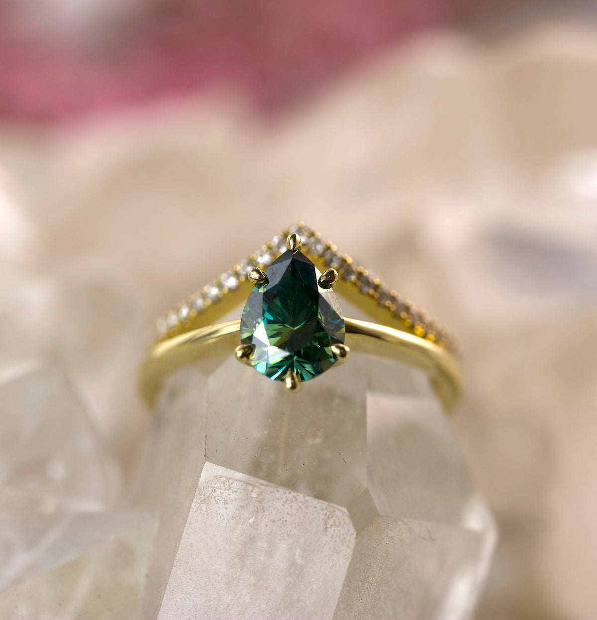 Pear Solitaire - 6 Claw - Green Moissanite - Ready to Ship