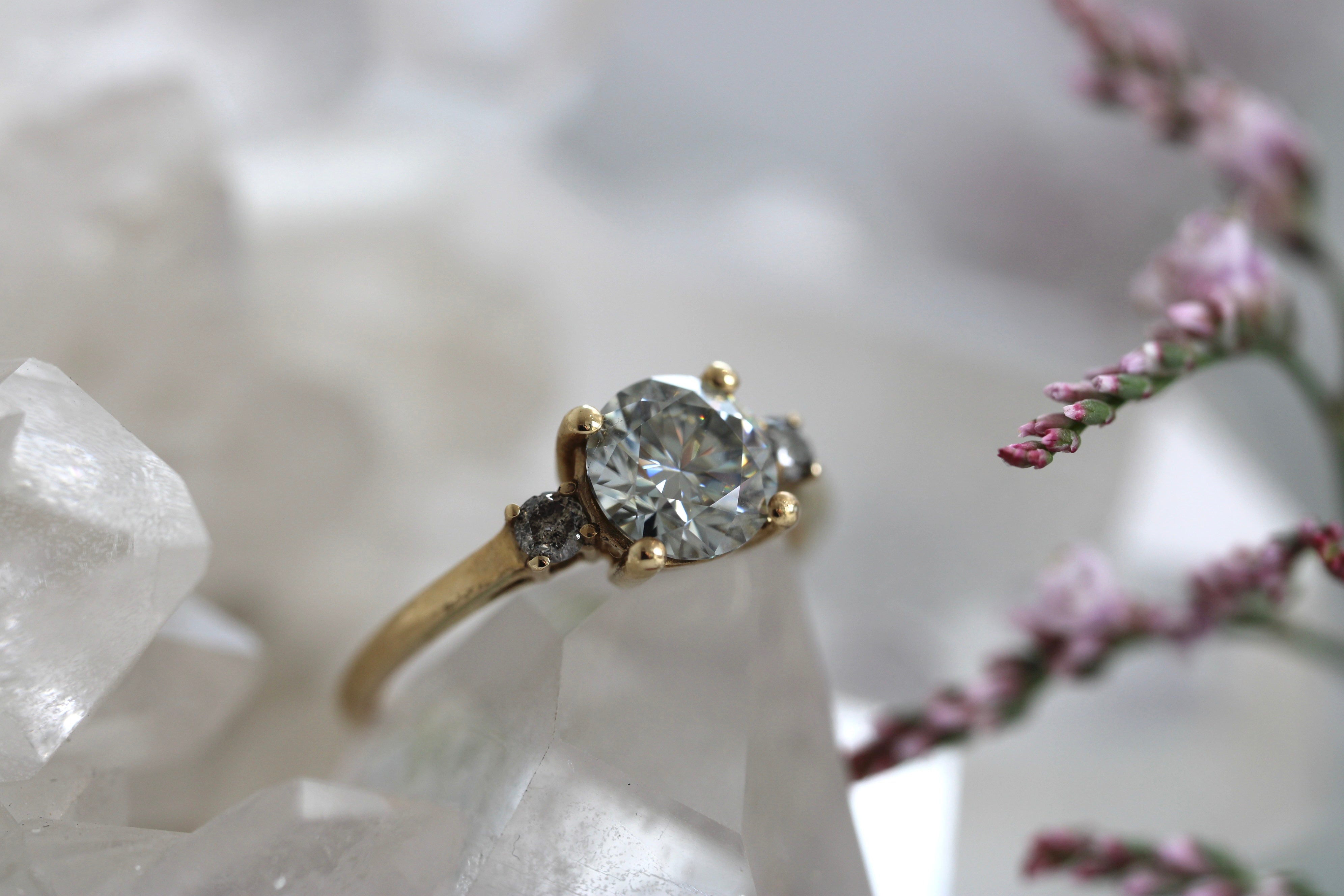 SALE - Grey Moissanite + Salt + Pepper Diamond Trinity - Size N