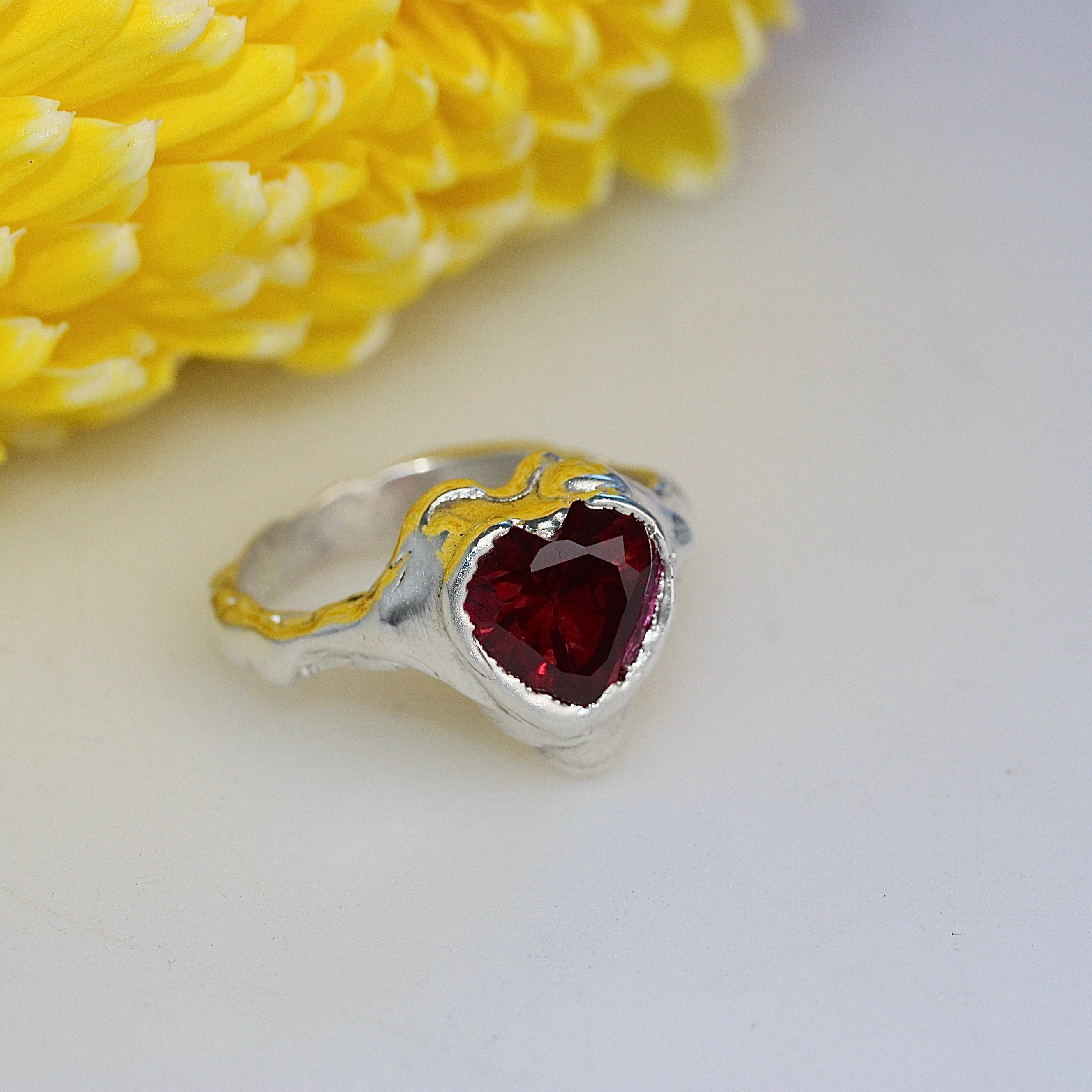 Cherries Sweet Ring – One Of A Kind - Sterling Silver Heart Gem Statement Ring