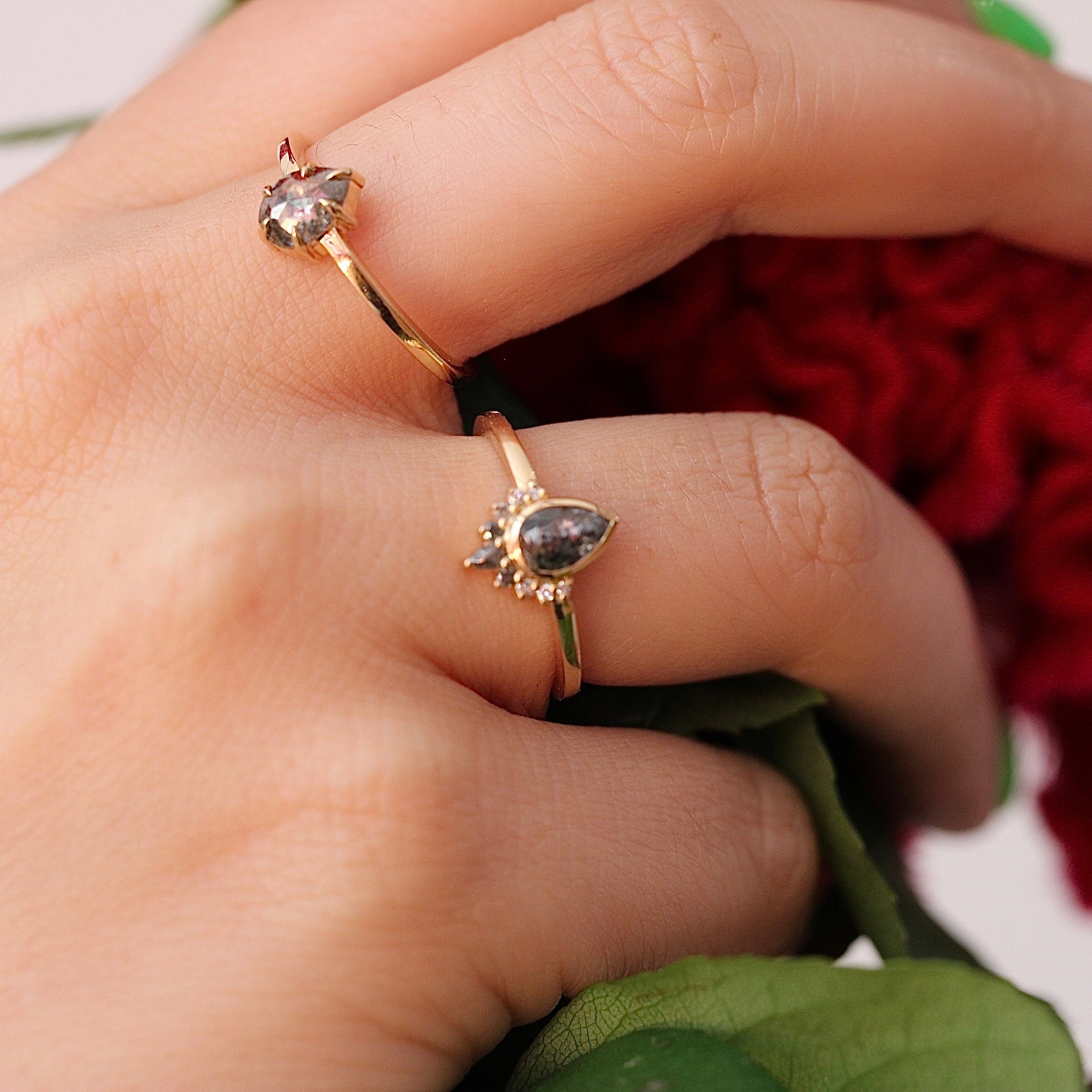 Bespoke - 0.62CT Pear Salt + Pepper Ivory Ring - Yellow Gold