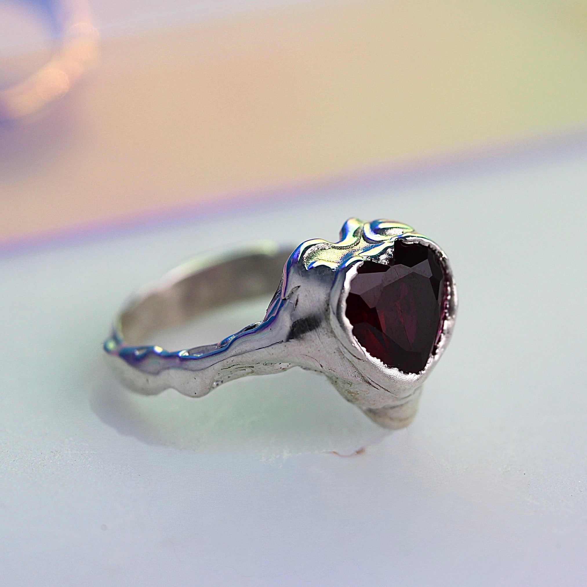 Cherries Sweet Ring – One Of A Kind - Sterling Silver Heart Gem Statement Ring