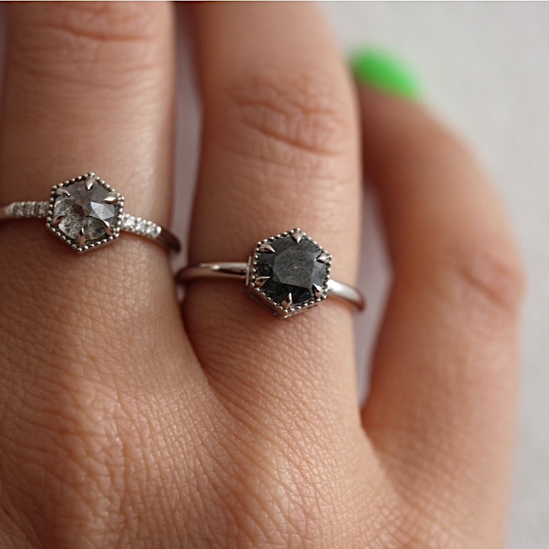 Bespoke - Hex Halo - Salt + Pepper Diamond - 18CT White Gold