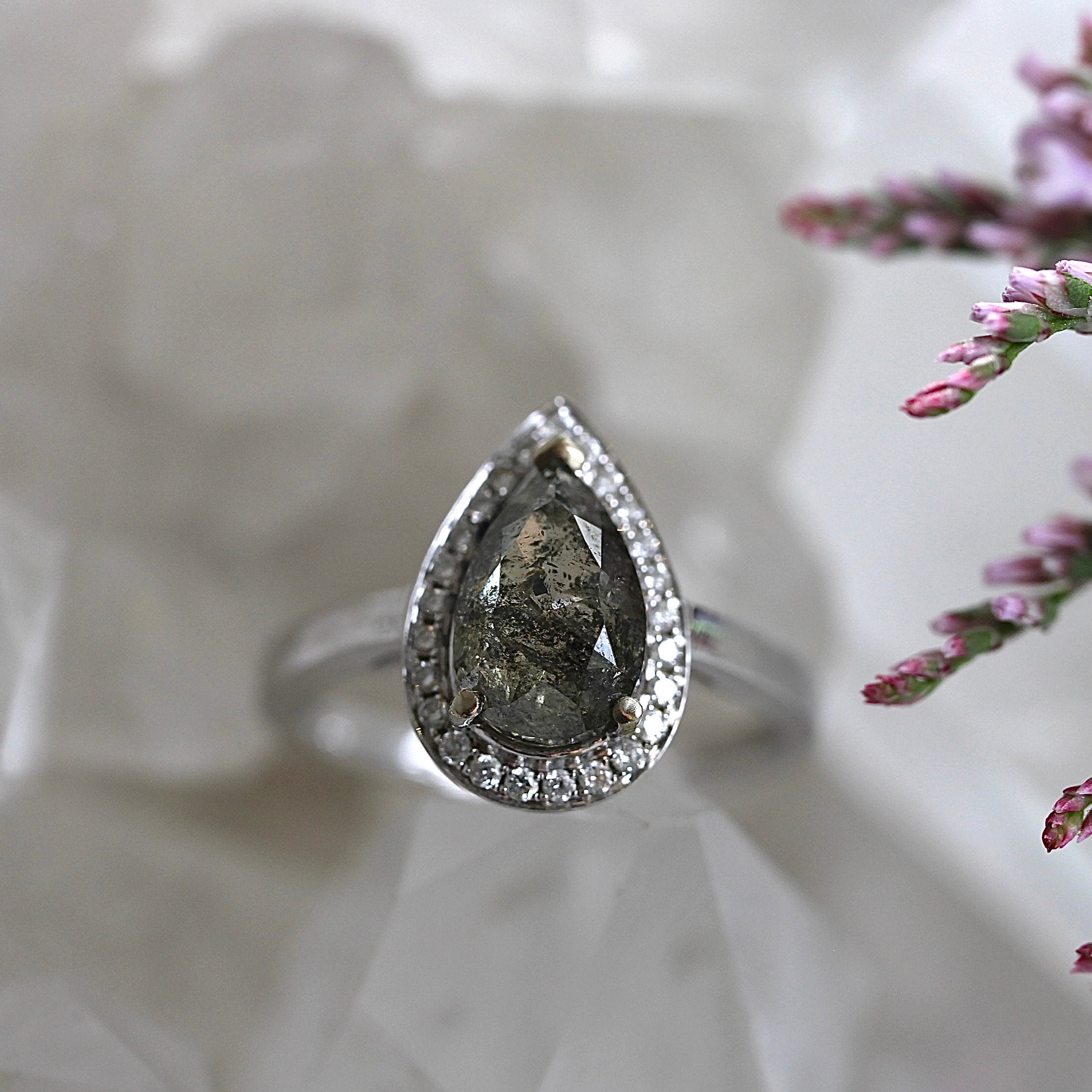 SALE - 1.5CT Salt + Pepper Pear Halo - Size L