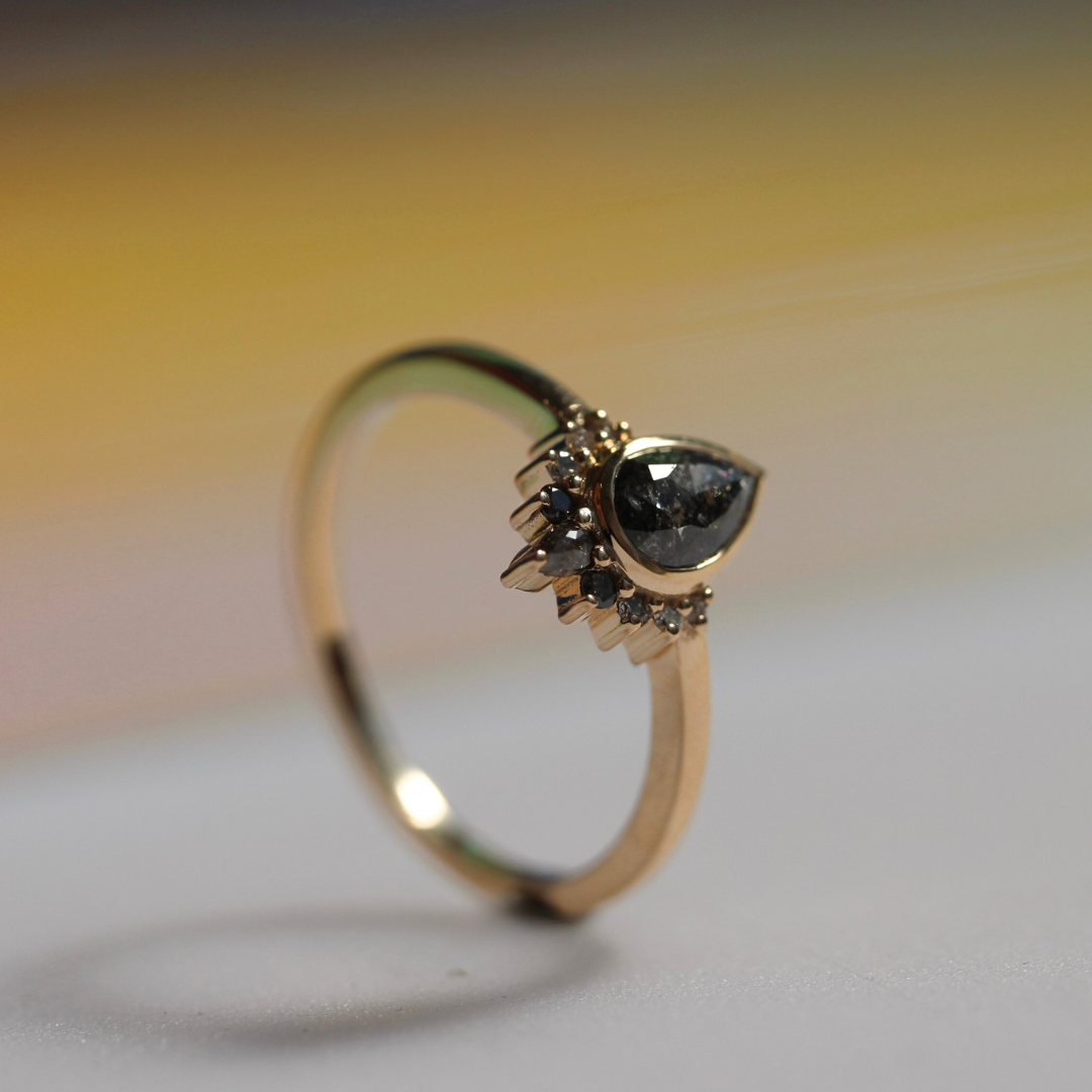 Bespoke - 0.62CT Pear Salt + Pepper Ivory Ring - Yellow Gold