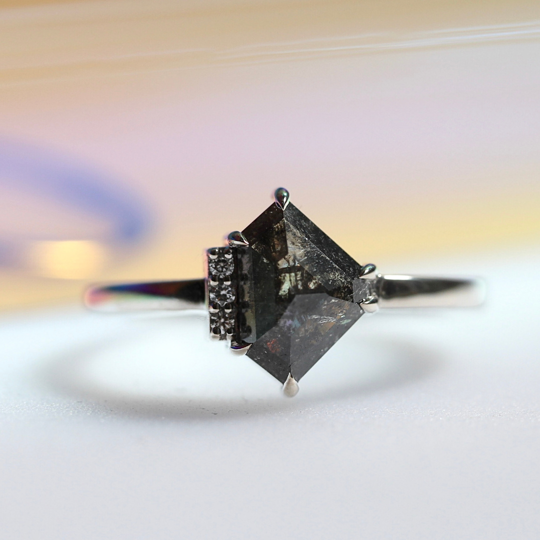 Bespoke - Salt + Pepper Accented Shield Ring - 18CT White Gold