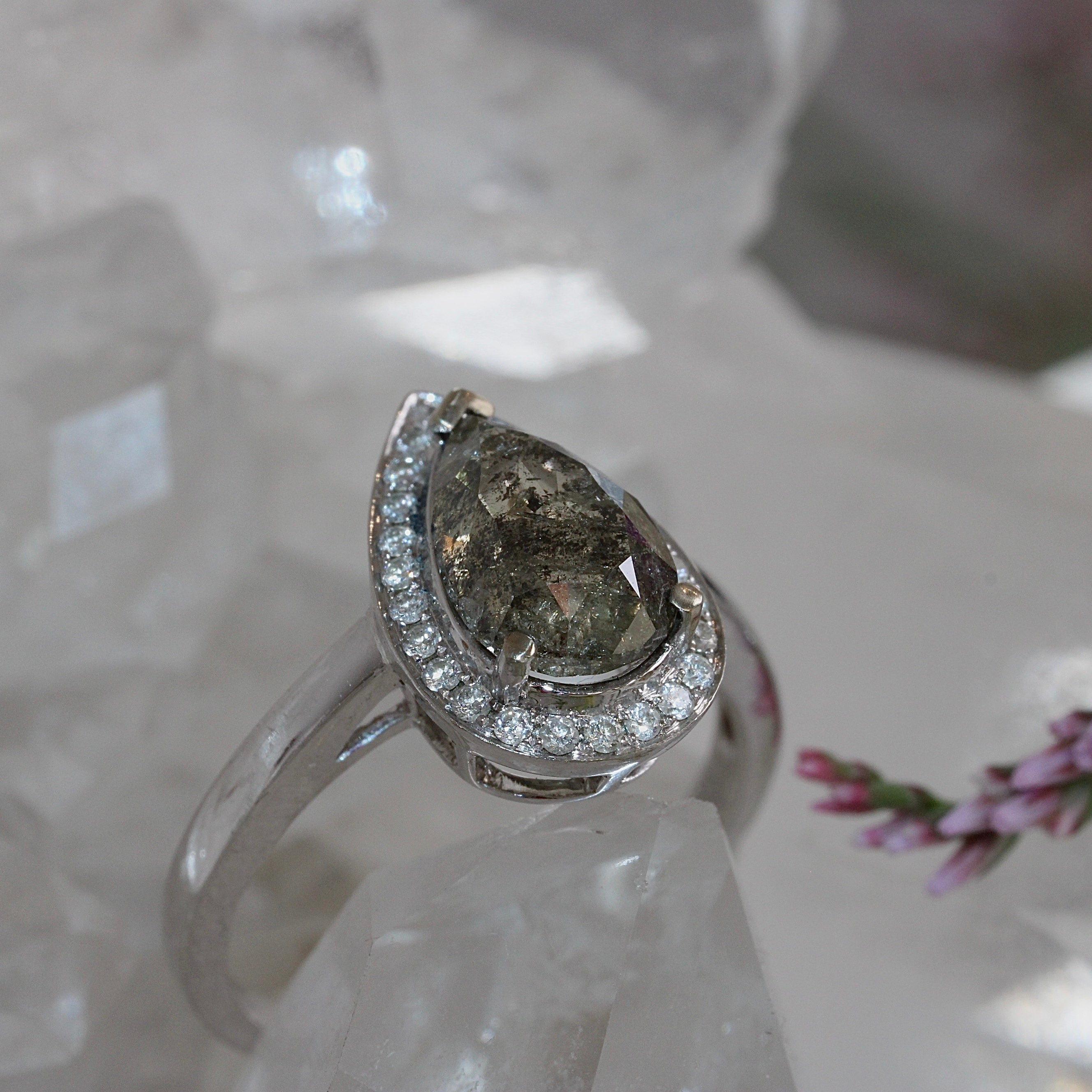 SALE - 1.5CT Salt + Pepper Pear Halo - Size L