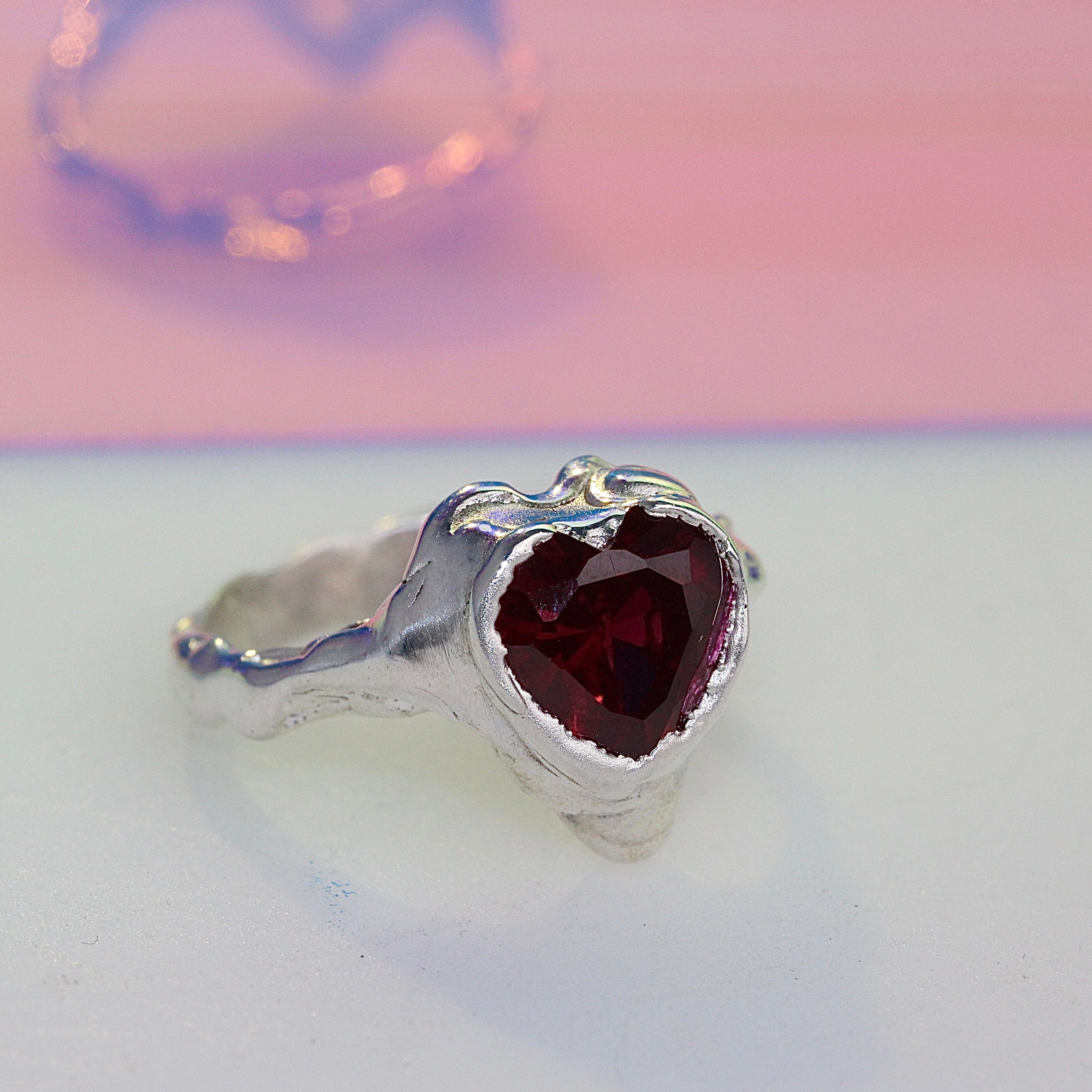 Cherries Sweet Ring – One Of A Kind - Sterling Silver Heart Gem Statement Ring