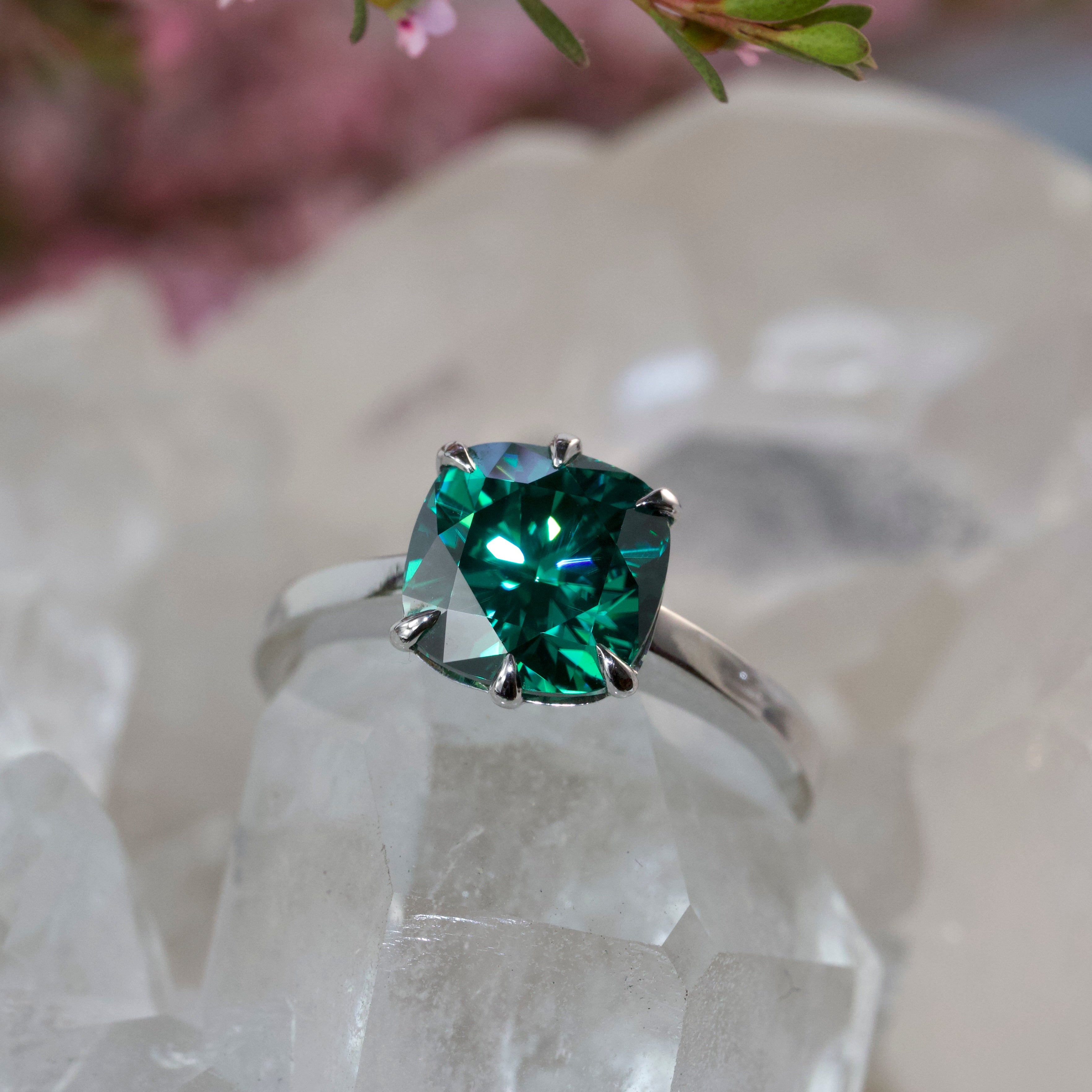 Floating Solitaire Cushion Cut - Green Moissanite - Ready to Ship
