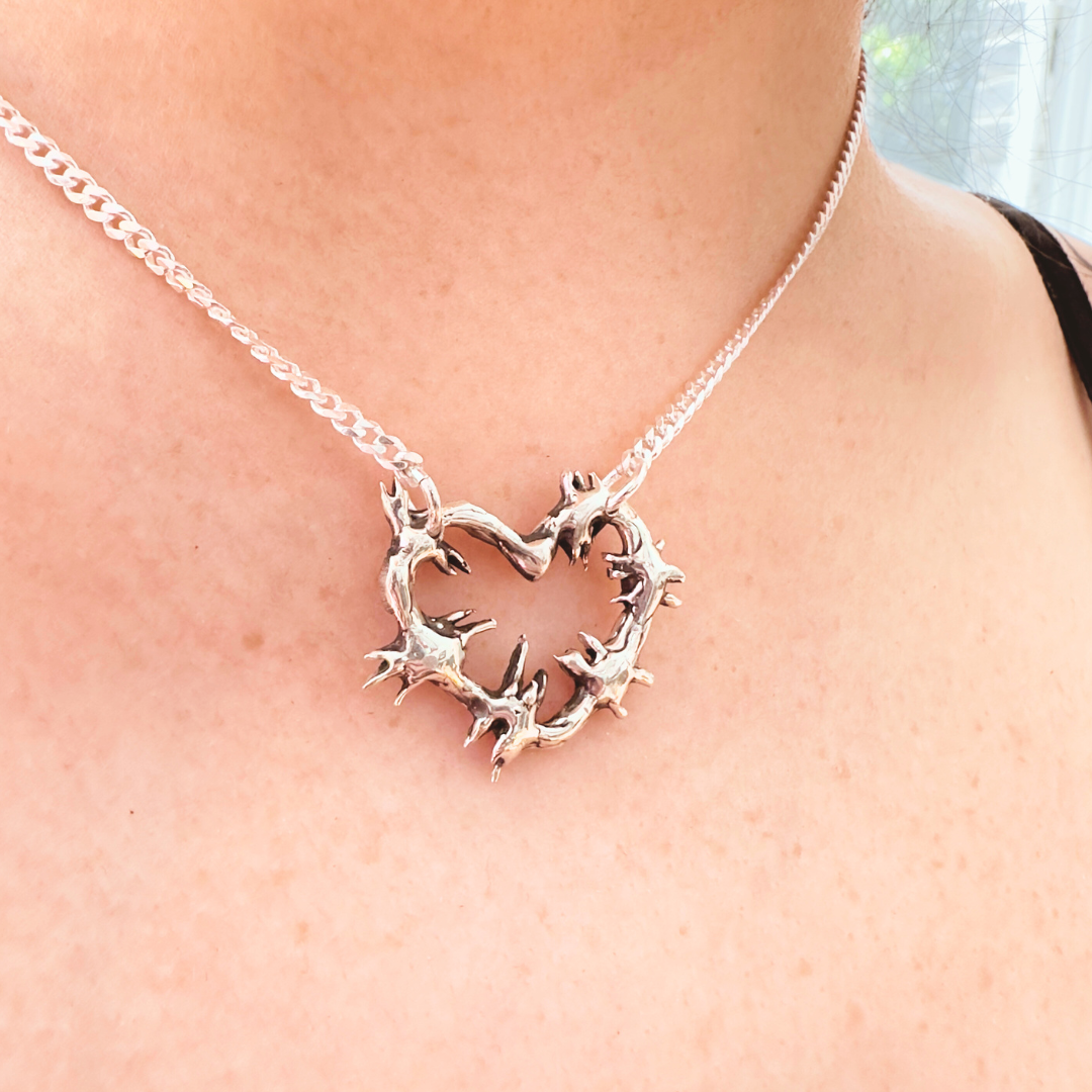 heart of thorns pendant barbed wire heart sterling silver
