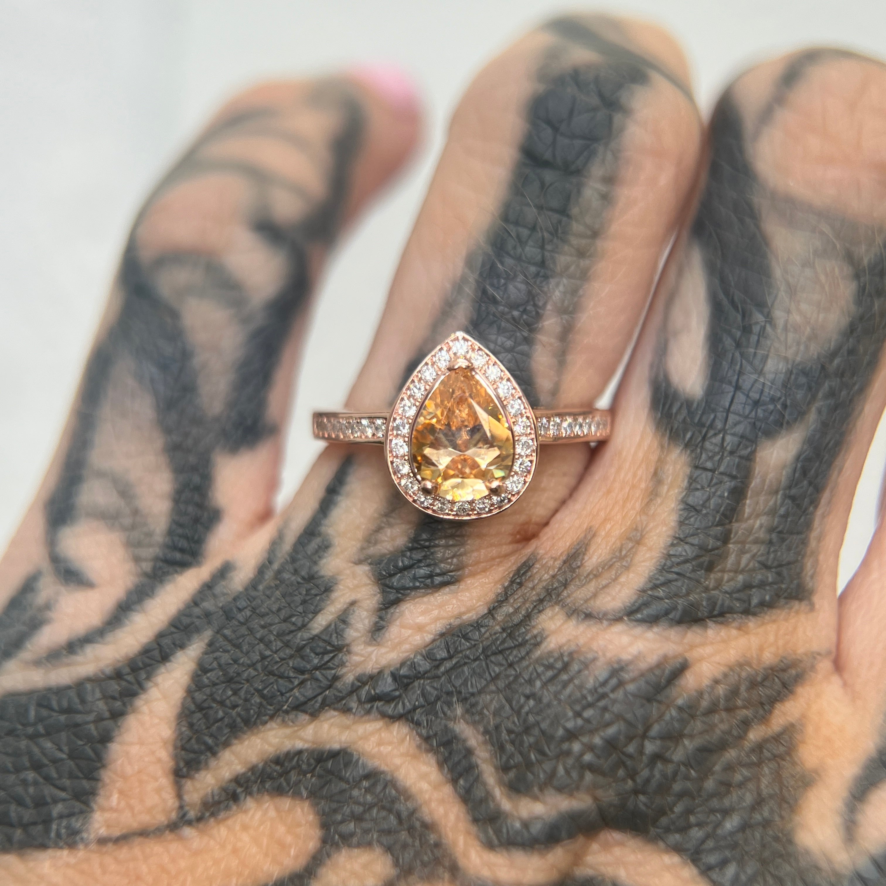 SALE - Pear Halo - Champagne Moissanite - Rose Gold - Ready to Ship