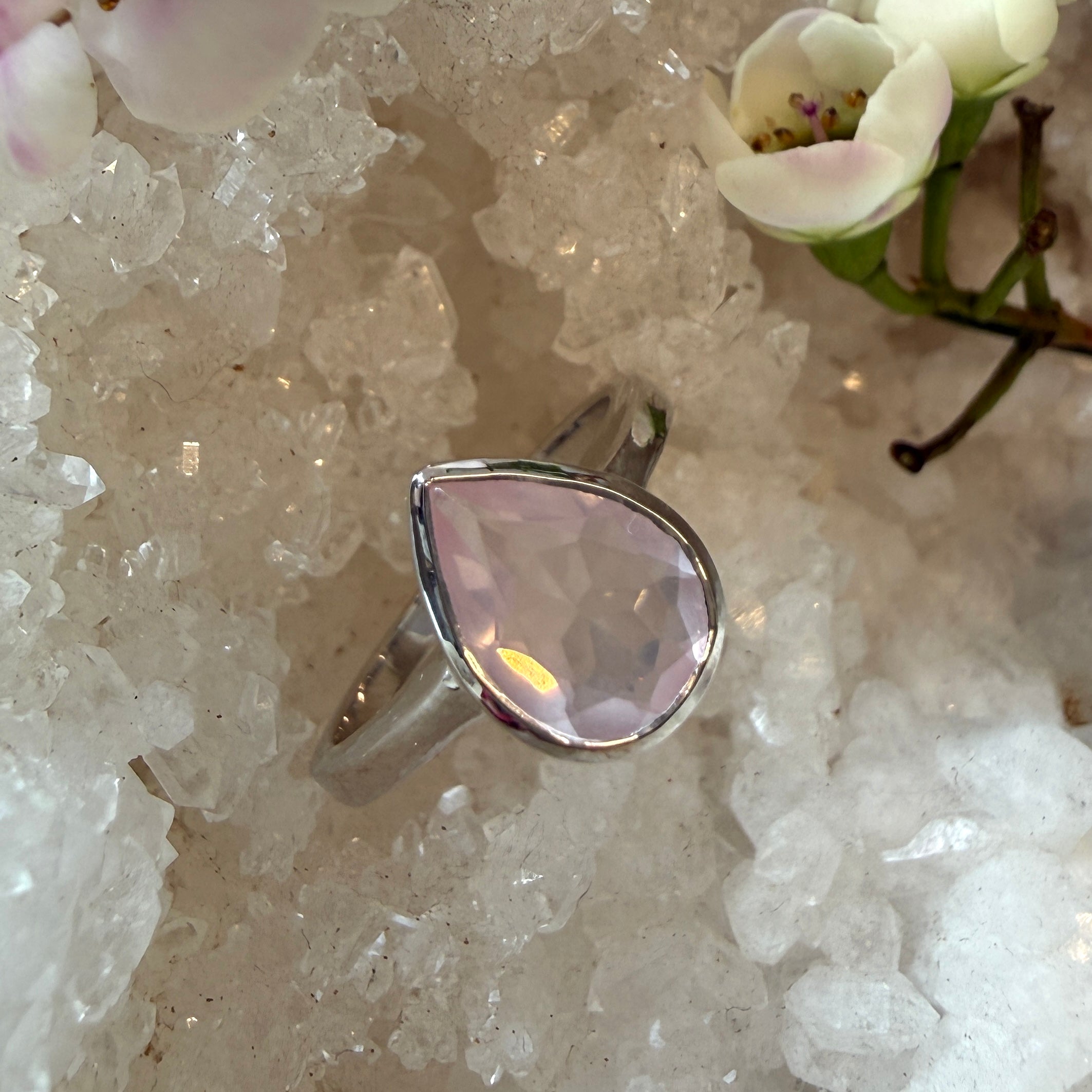 JULY SALE - 10x8mm Rose Quartz Pear Ring - Size 6 + 7 + 8