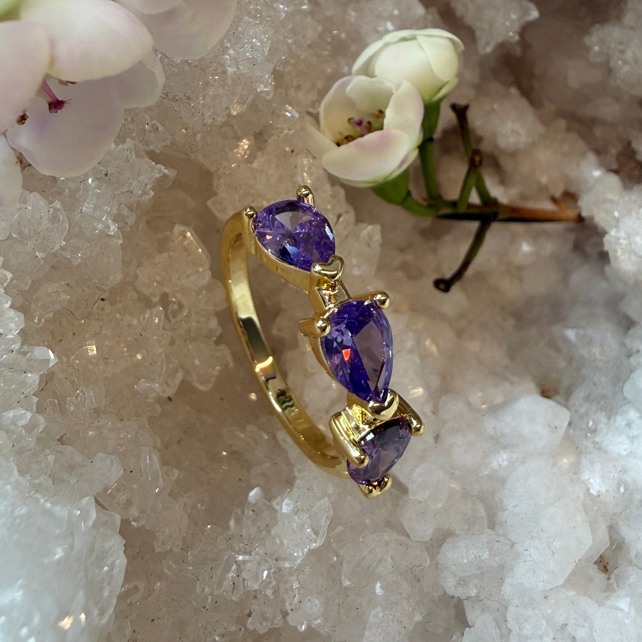 JULY SALE - Brass + Gold Plated Purple Pear Ring - Size ?