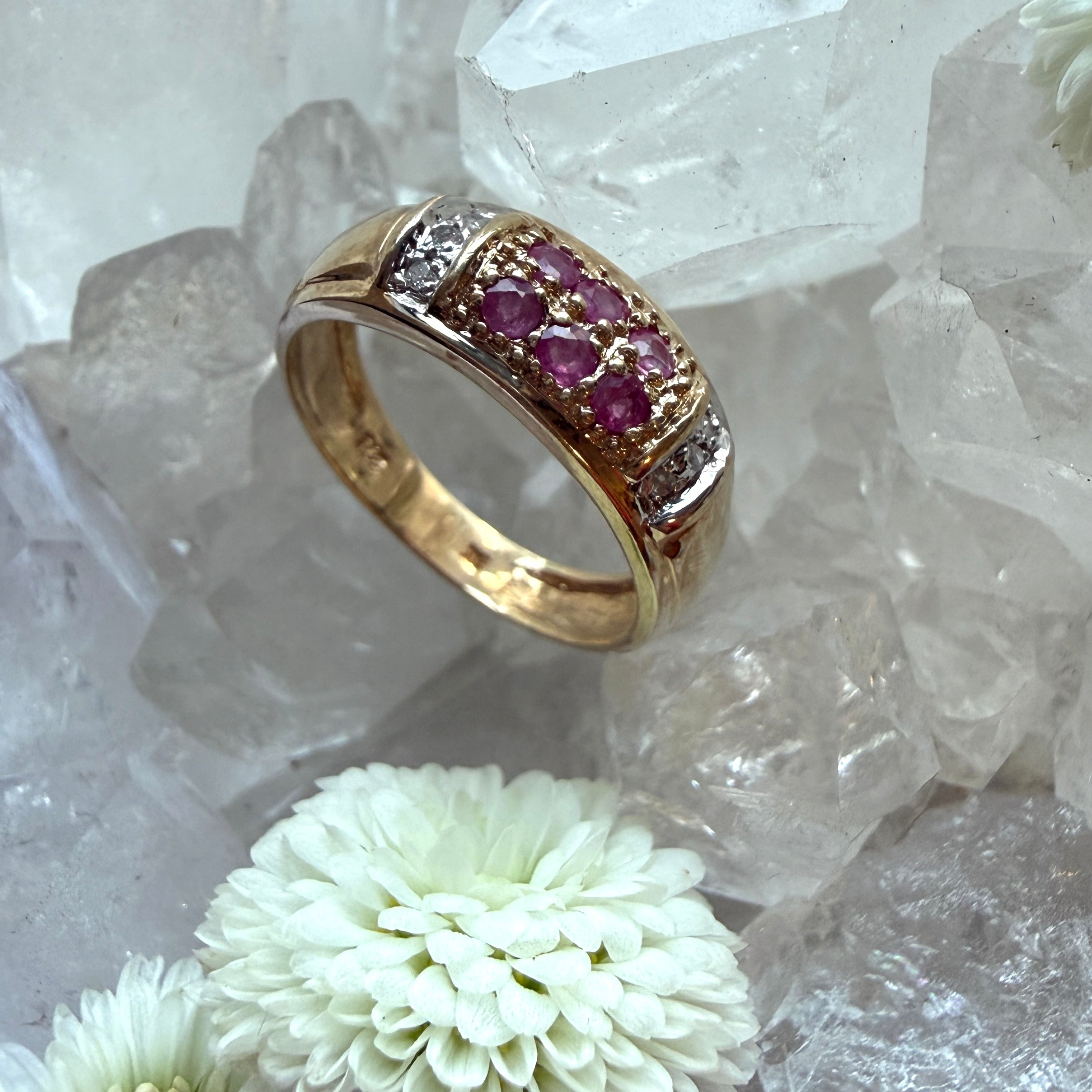JULY SALE - VINTAGE BIJOUX - Ruby + Diamond Yellow Gold Band