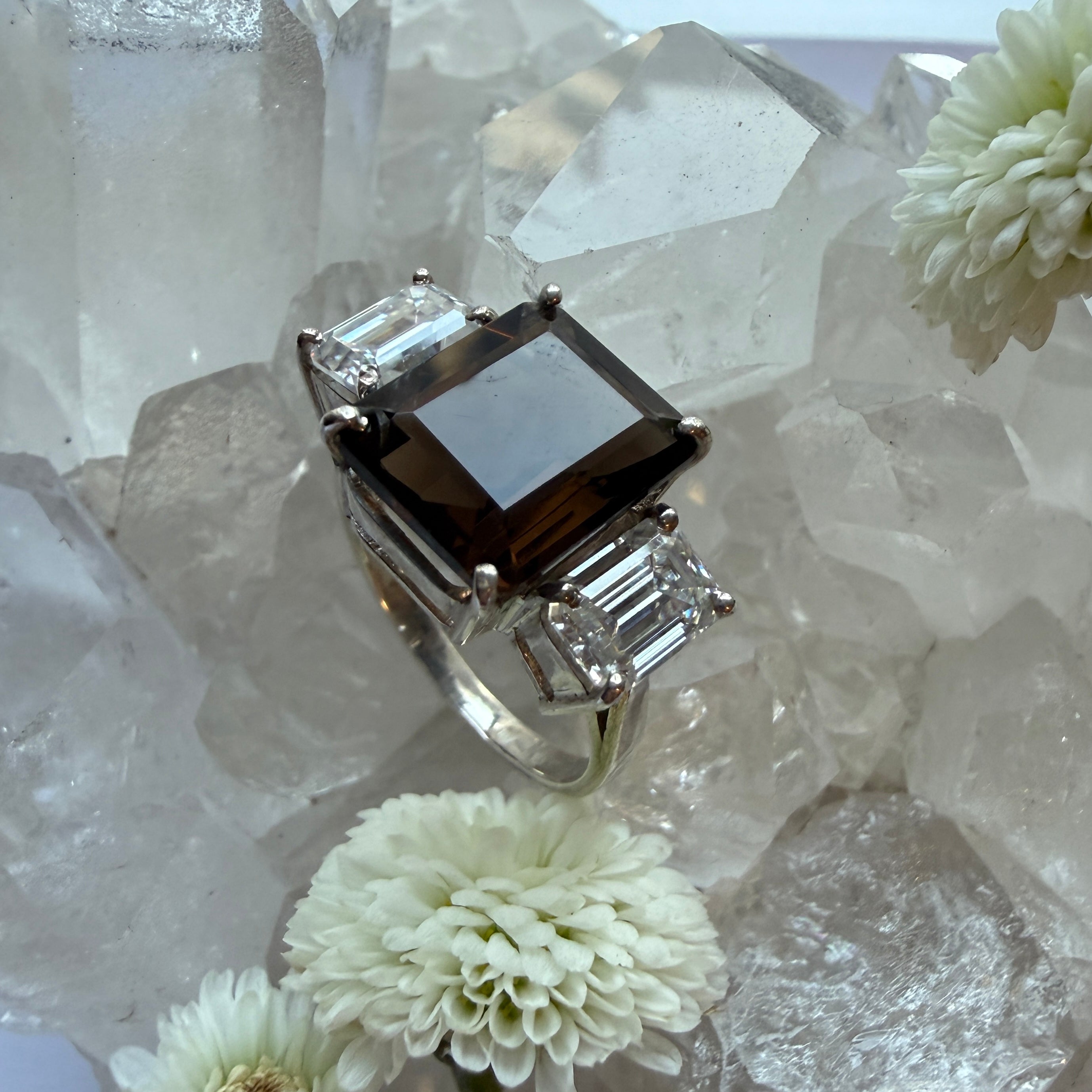 JULY SALE - Smokey Quartz + Moissanite 3 stone ring