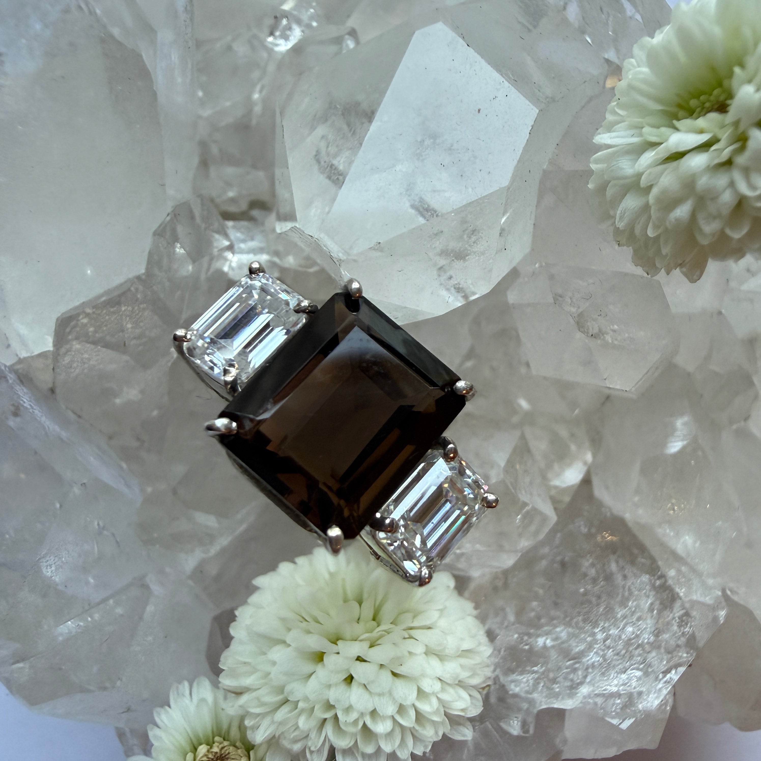 JULY SALE - Smokey Quartz + Moissanite 3 stone ring
