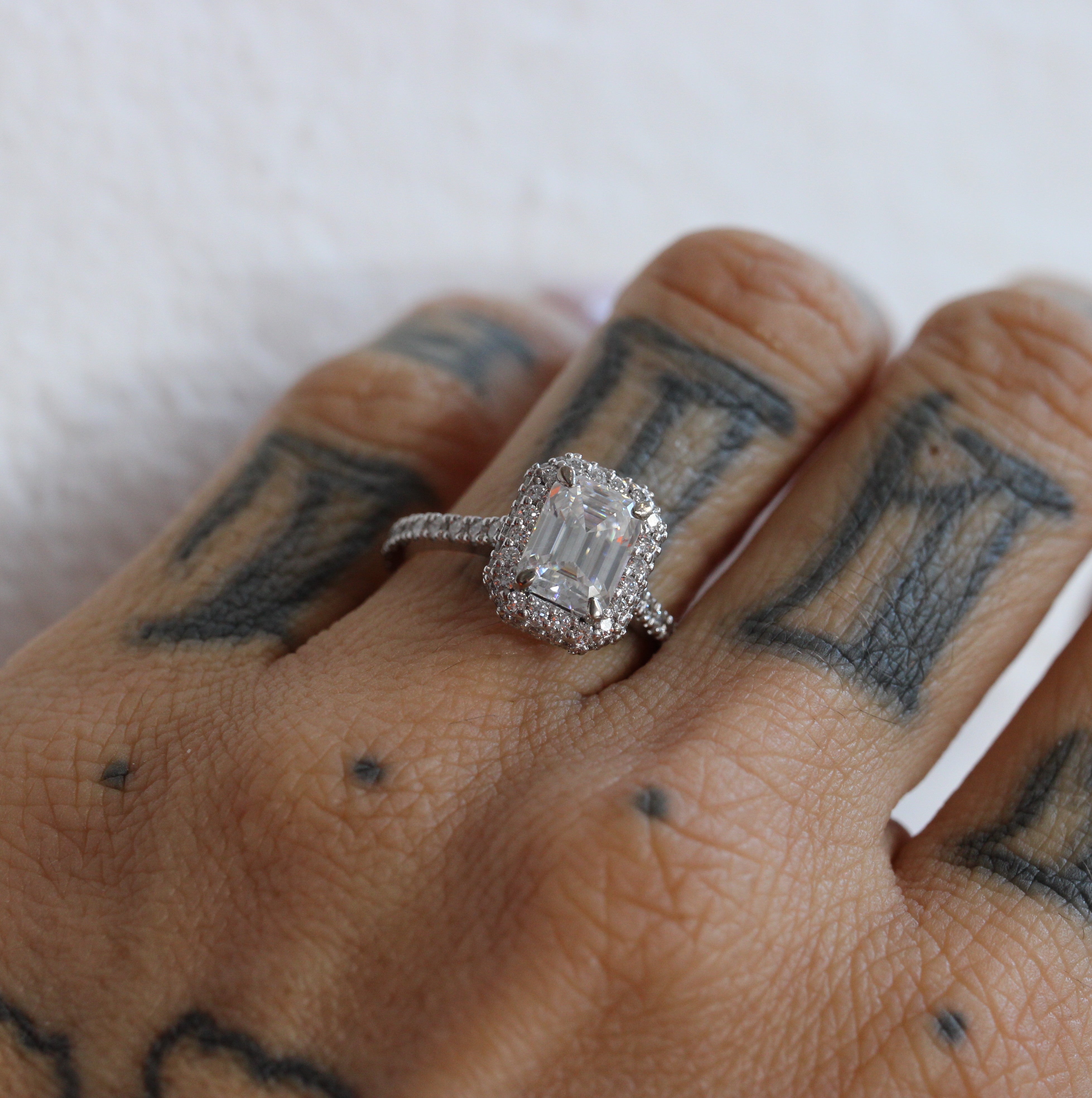 $ALE - Emerald Cut Moissanite Halo - Size M - 18CT White Gold