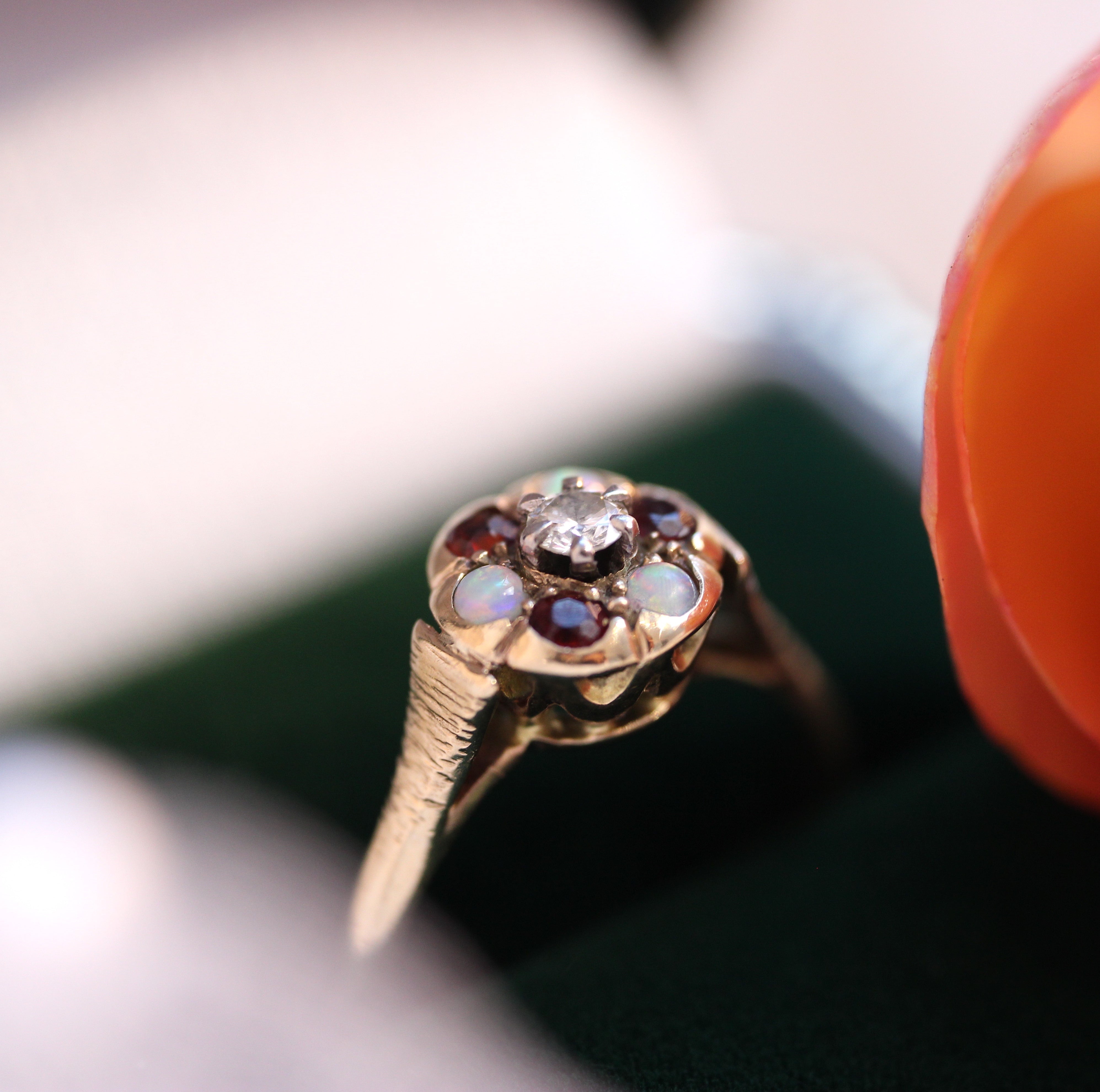 Vintage Bijoux - Vintage 1976 Garnet, Opal, Diamond Cluster Ring - Hallmarked Birmingham