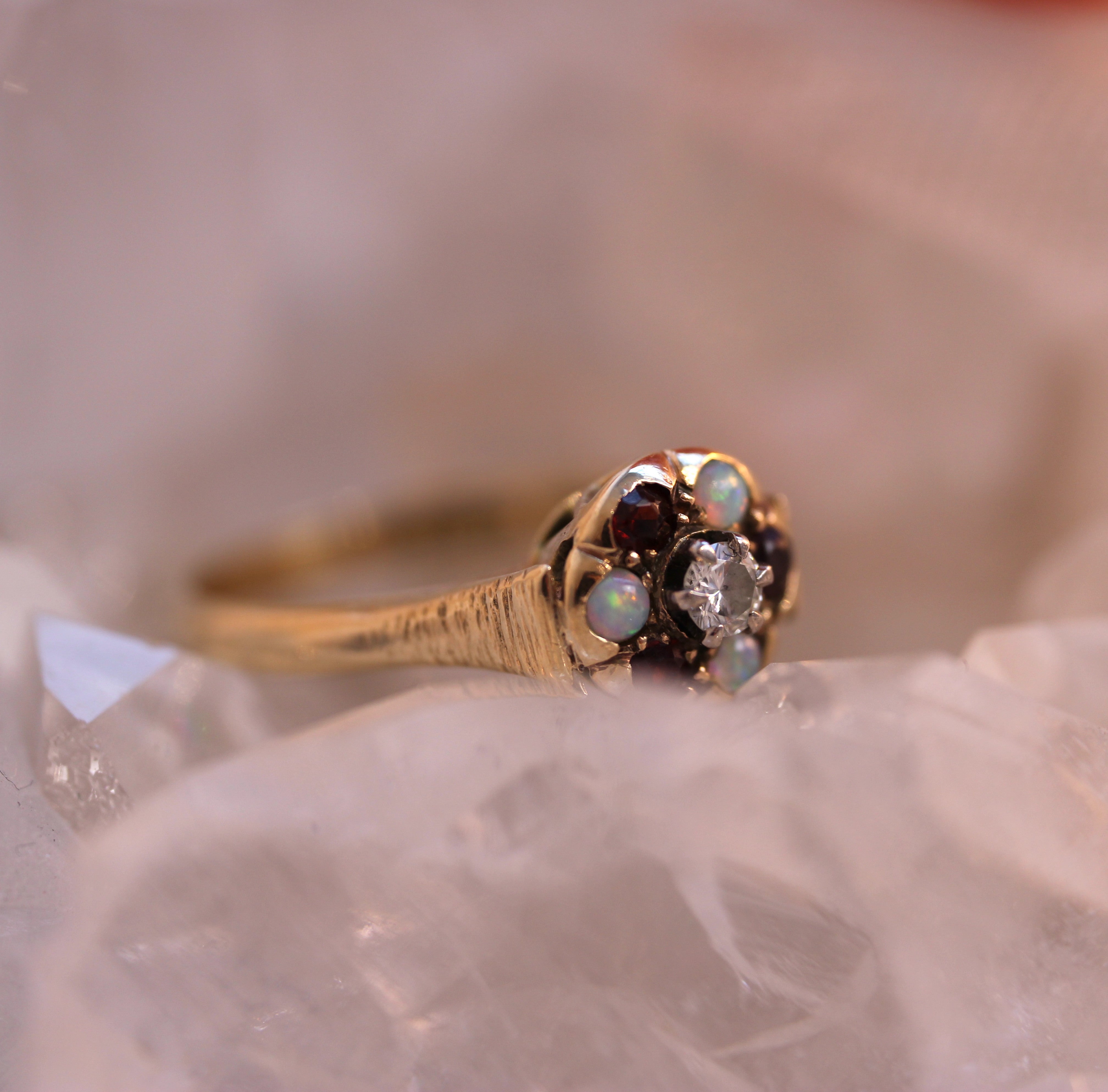 Vintage Bijoux - Vintage 1976 Garnet, Opal, Diamond Cluster Ring - Hallmarked Birmingham