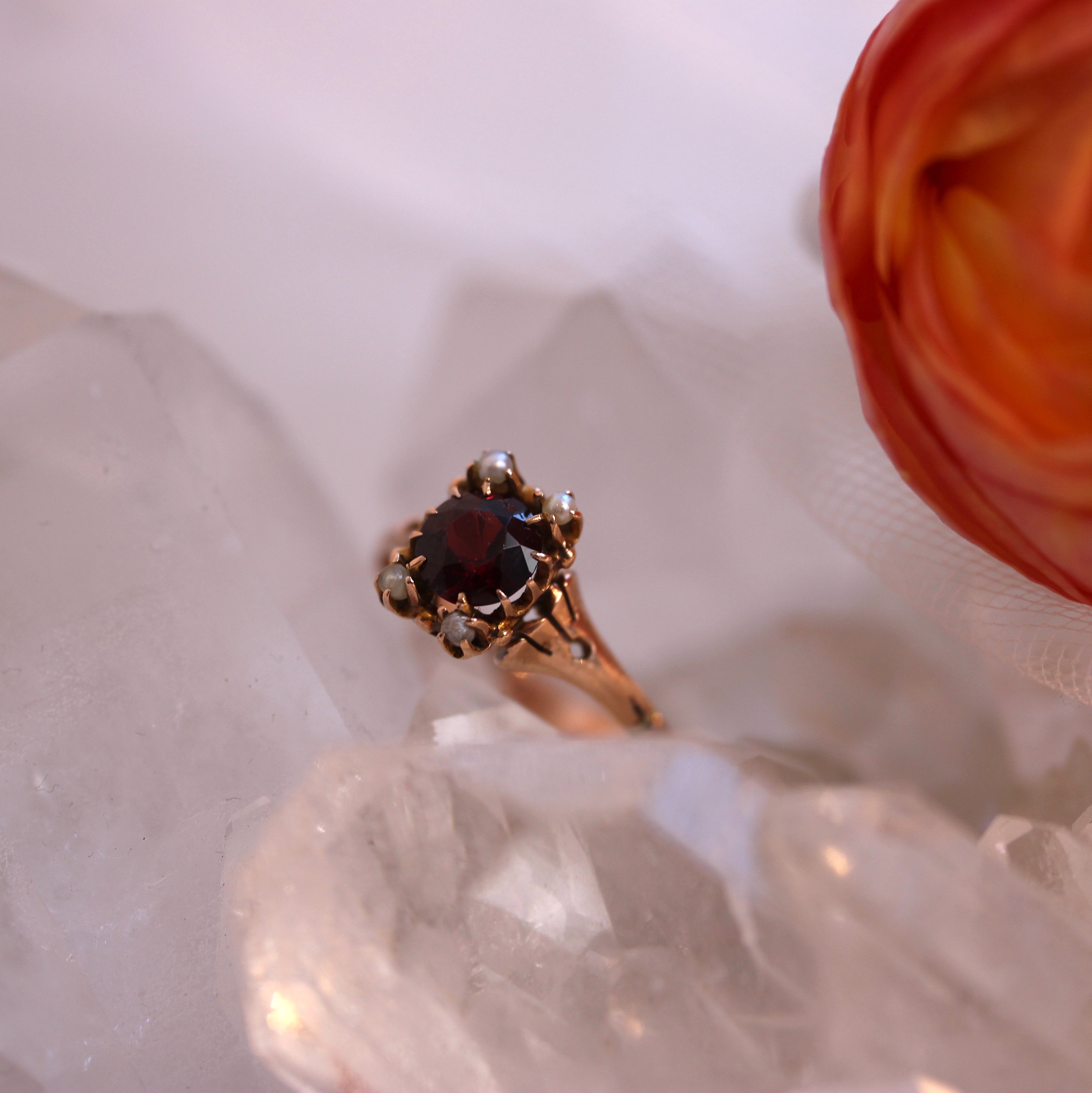 Vintage Bijoux - Victorian Garnet & Seed Pearl Cluster Ring (c. 1880–1900)