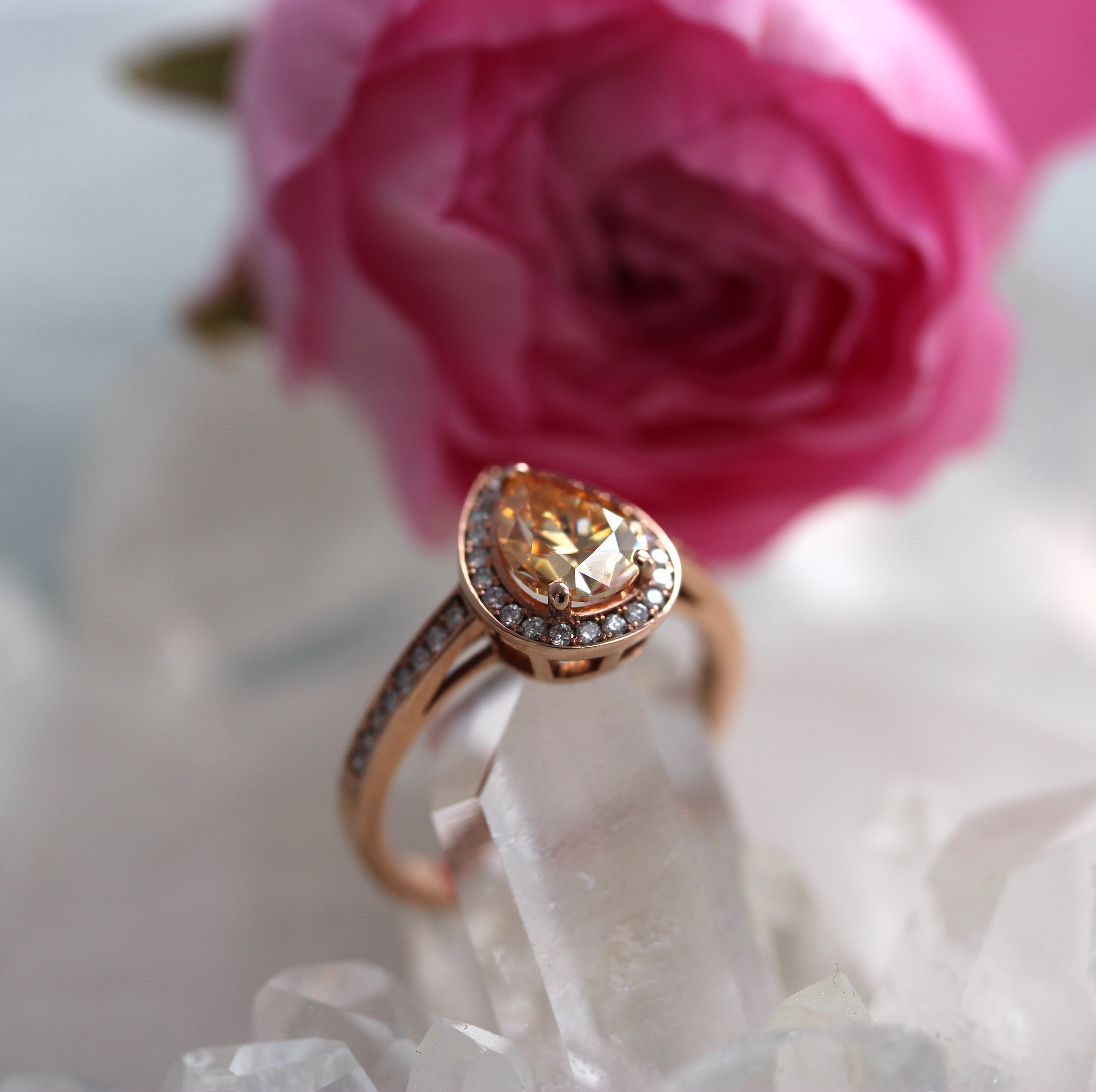 SALE - Pear Halo - Champagne Moissanite - Rose Gold - Ready to Ship