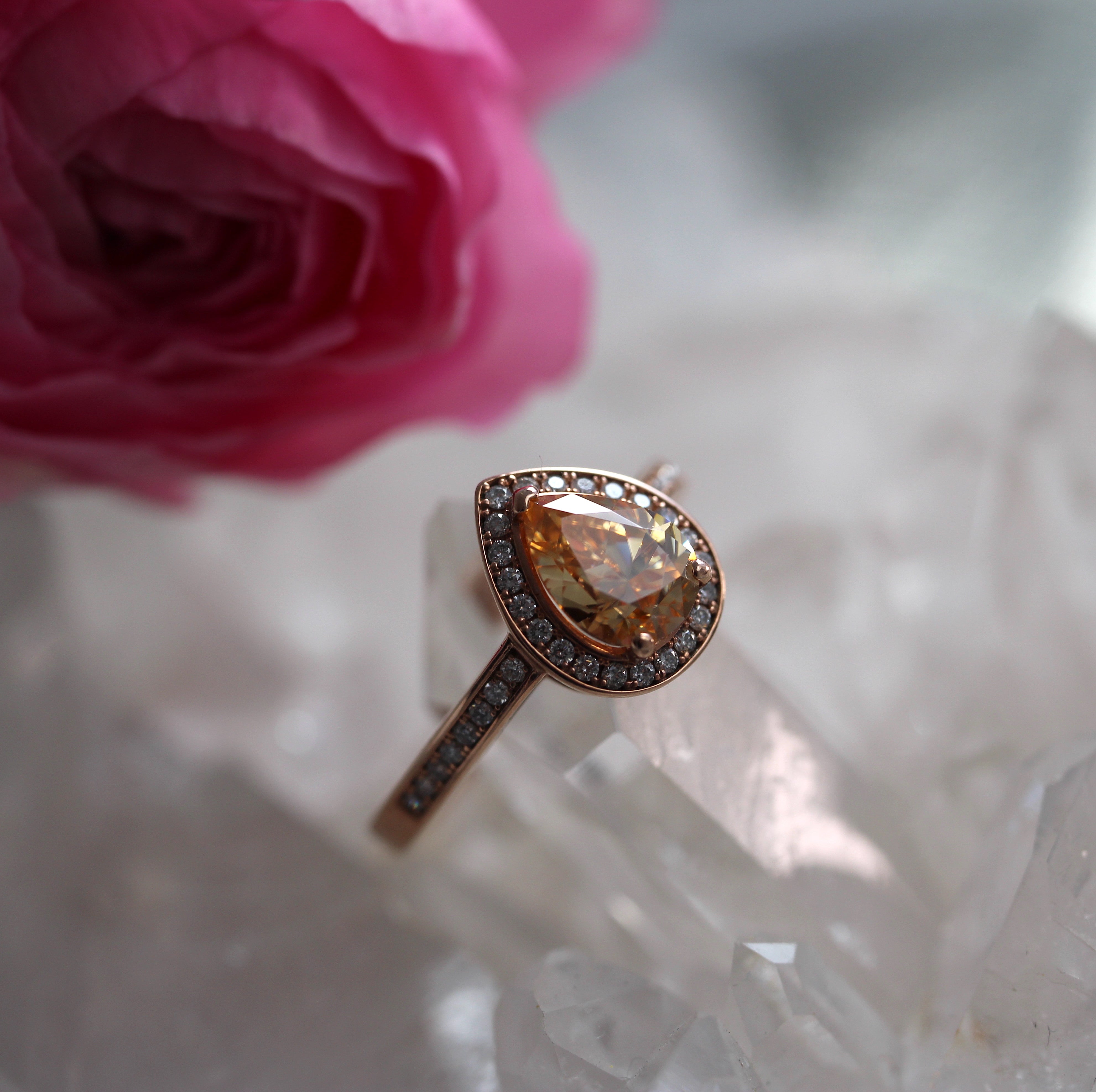 SALE - Pear Halo - Champagne Moissanite - Rose Gold - Ready to Ship