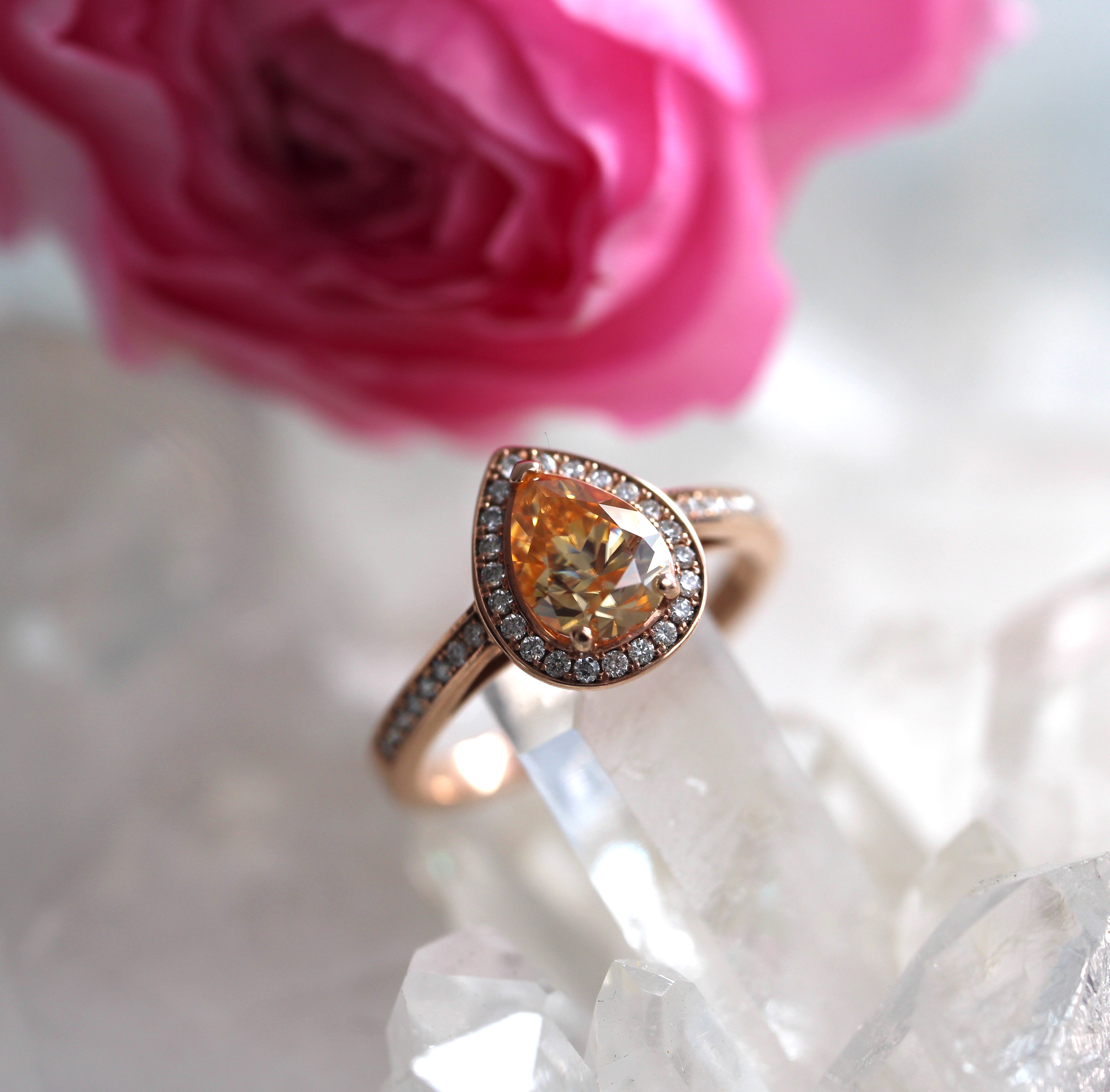 SALE - Pear Halo - Champagne Moissanite - Rose Gold - Ready to Ship