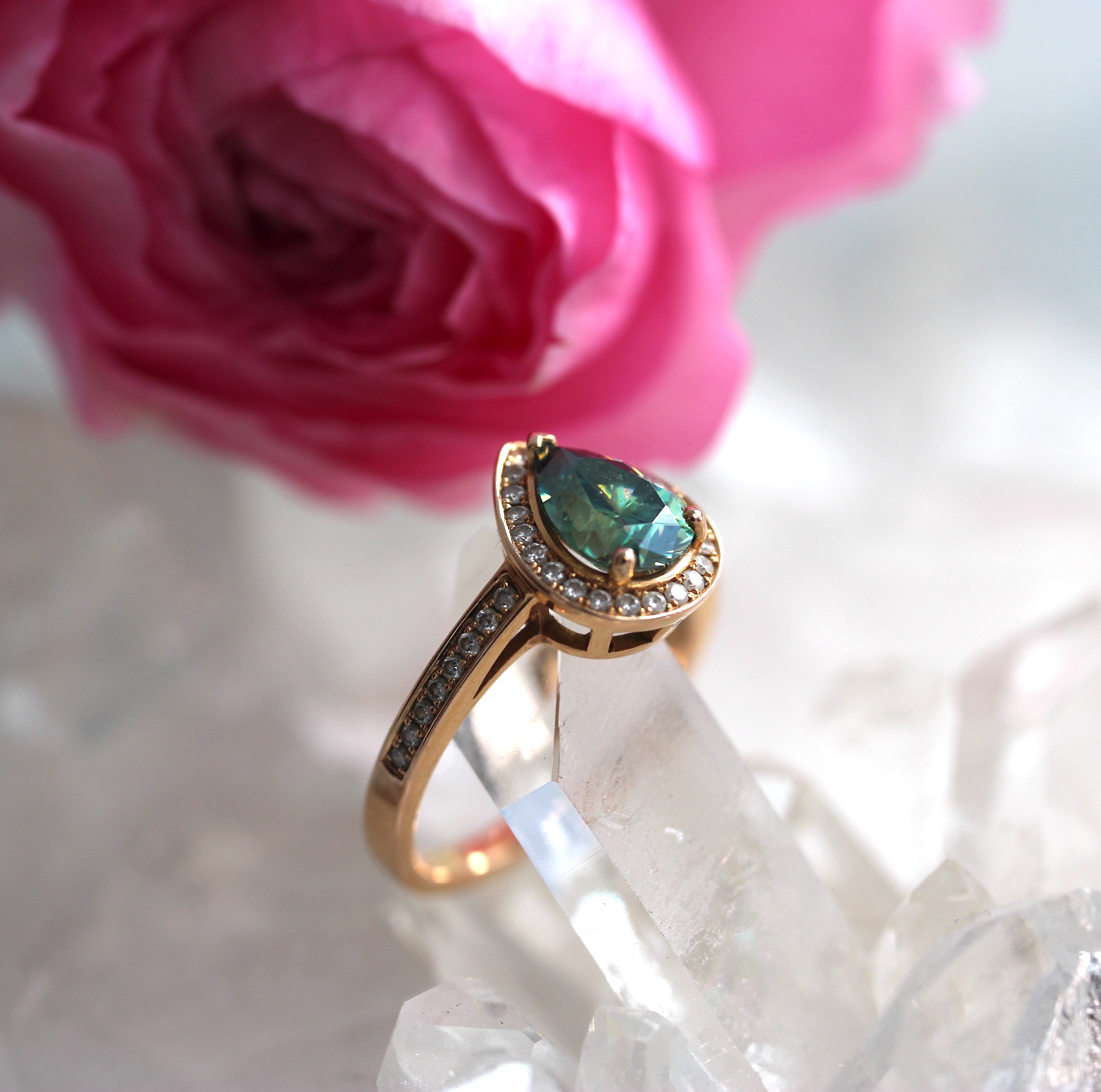SALE - Pear Halo - Green Moissanite - Rose Gold - Ready to Ship