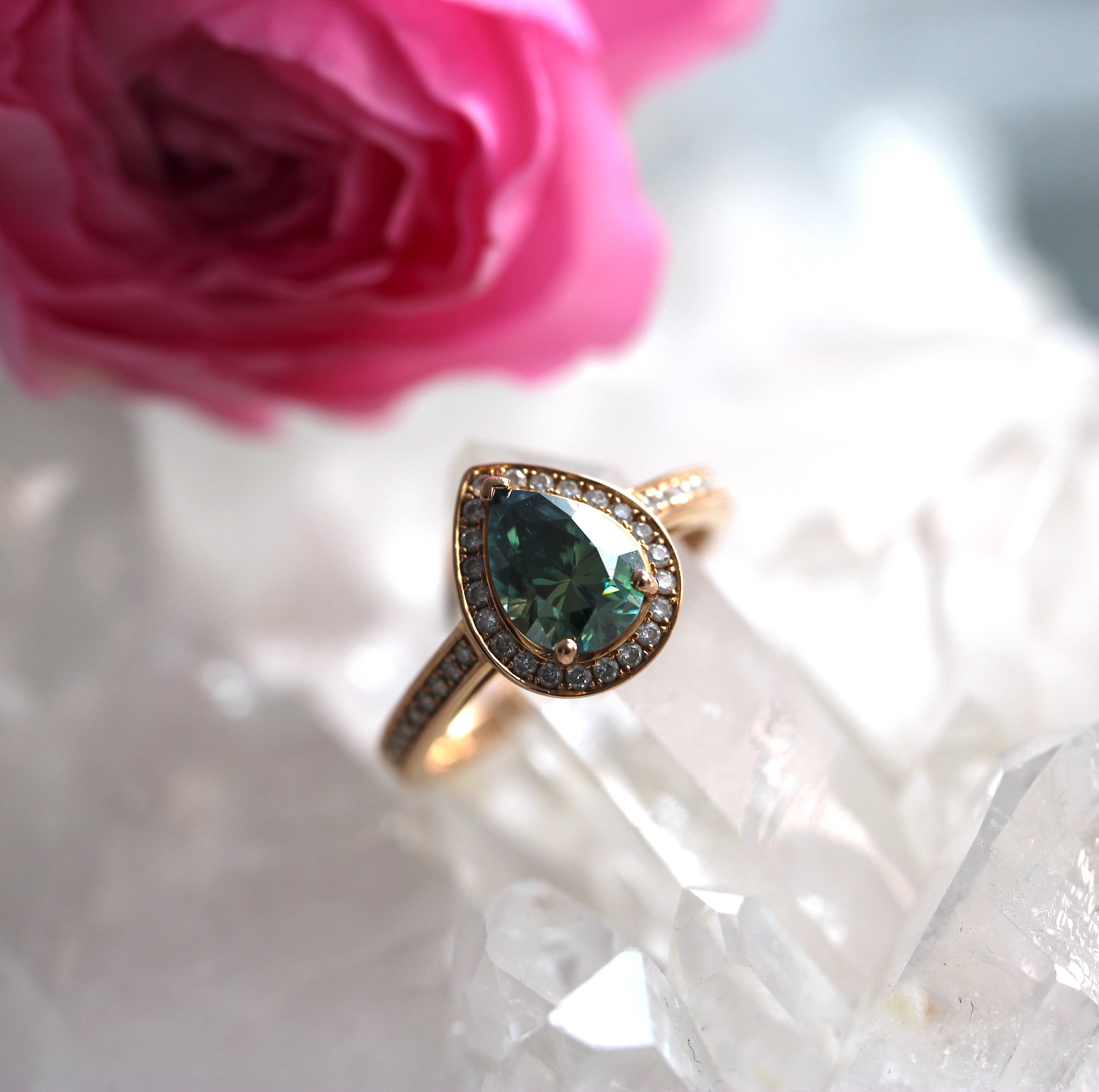 SALE - Pear Halo - Green Moissanite - Rose Gold - Ready to Ship