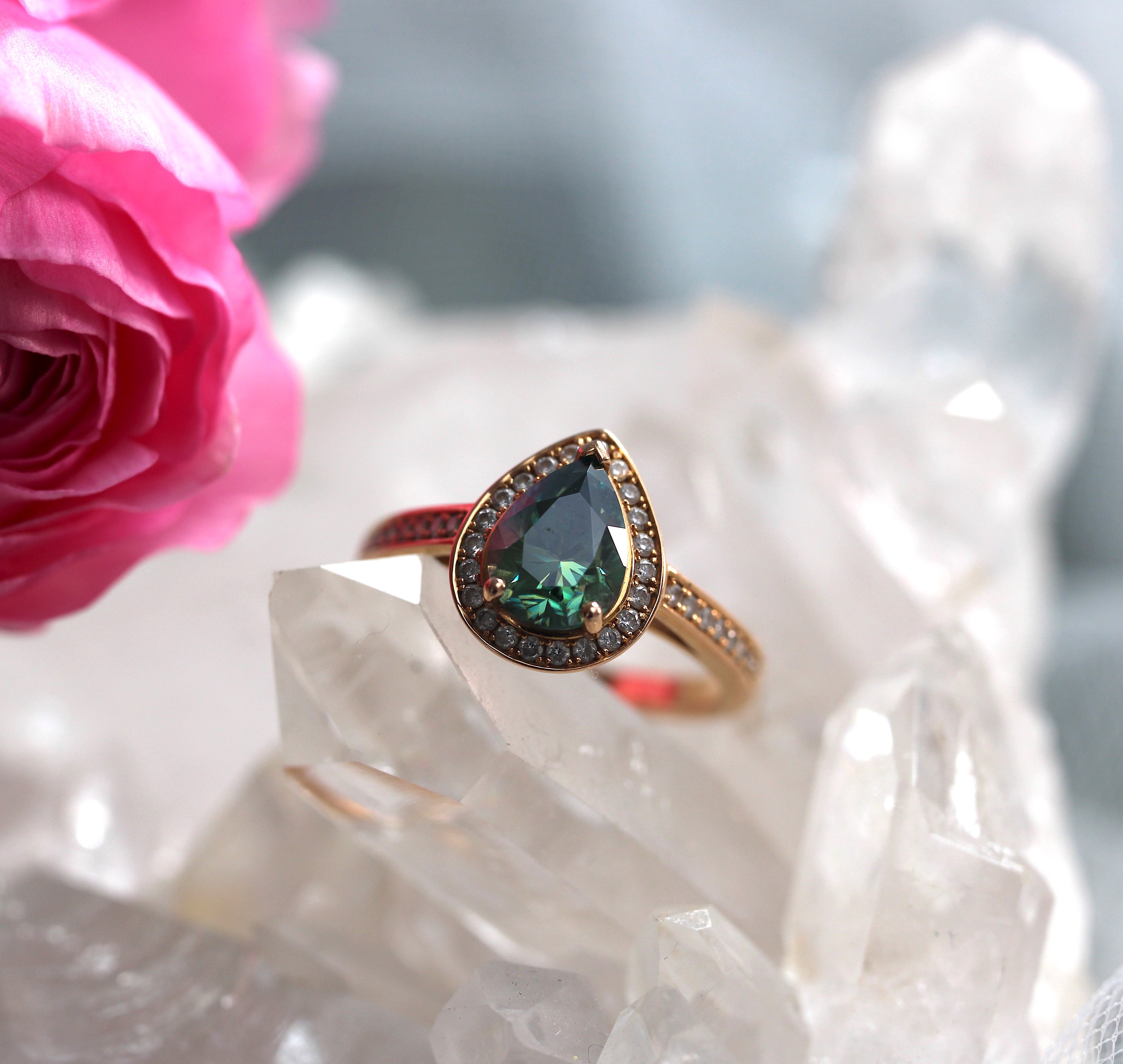 SALE - Pear Halo - Green Moissanite - Rose Gold - Ready to Ship