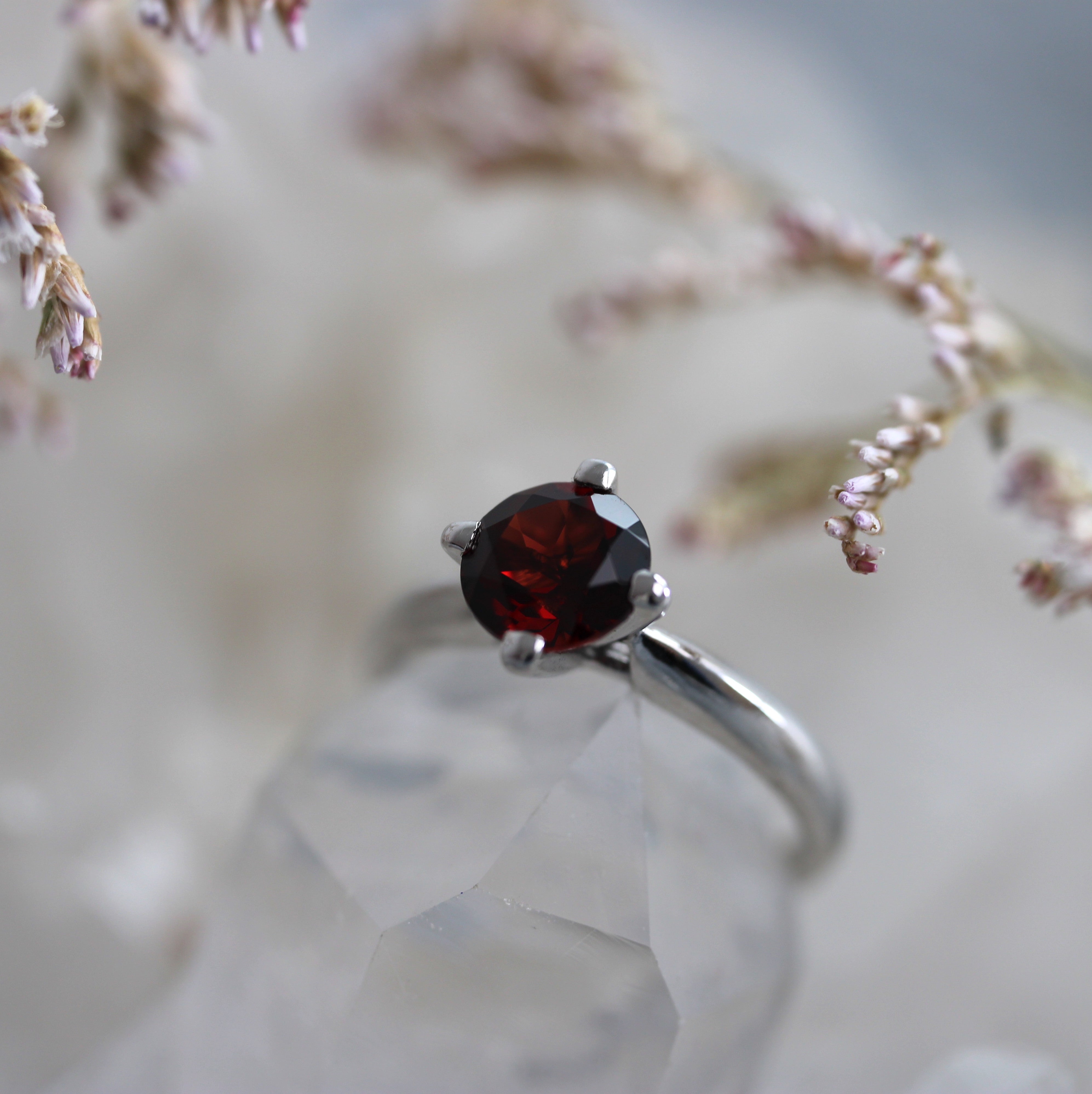 Compass Set Garnet Solitaire Ring - Sterling Silver - Ready to Ship