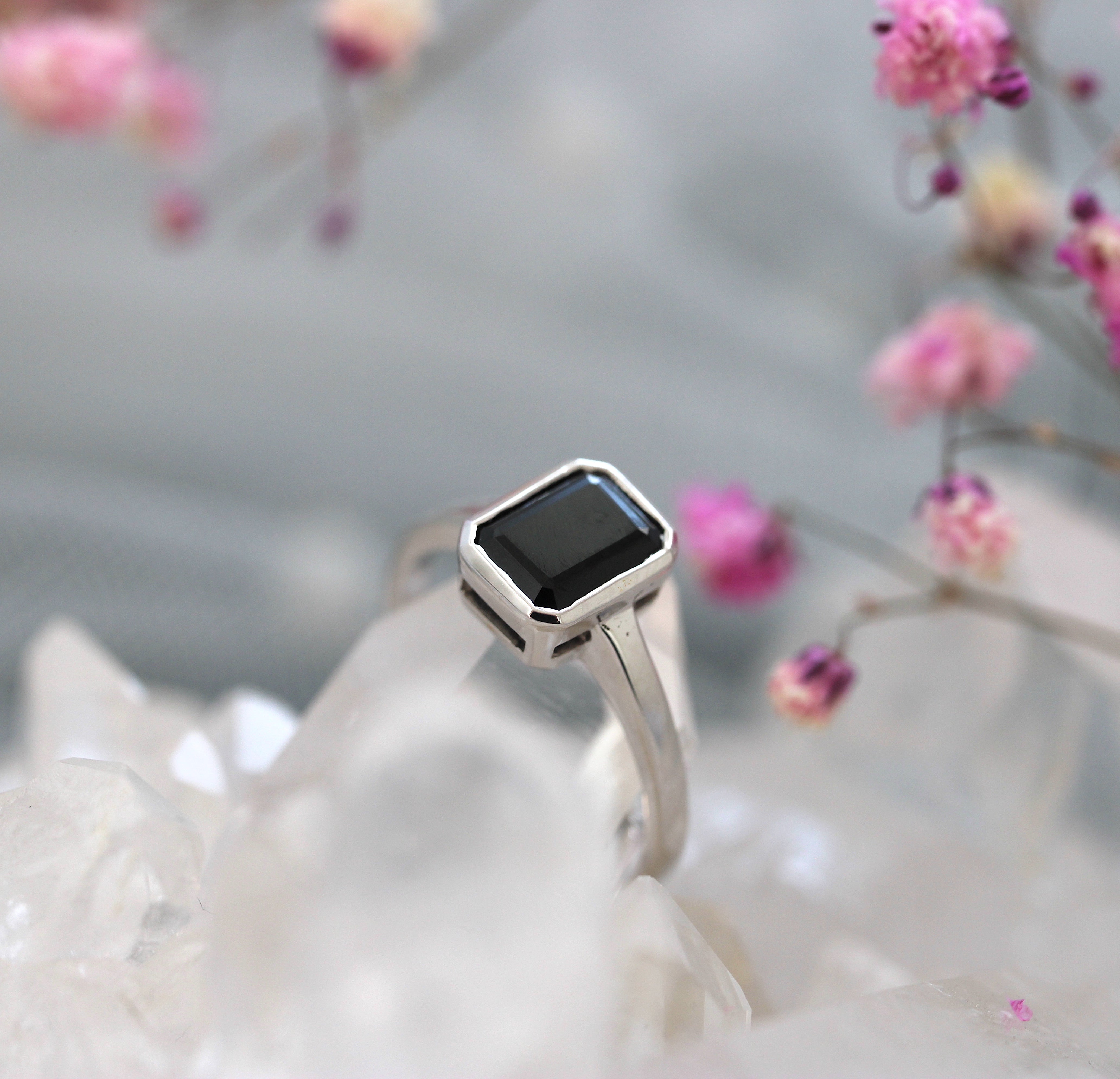 Black Tourmaline Emerald Cut Ring - Bezel Set - Ready to Ship