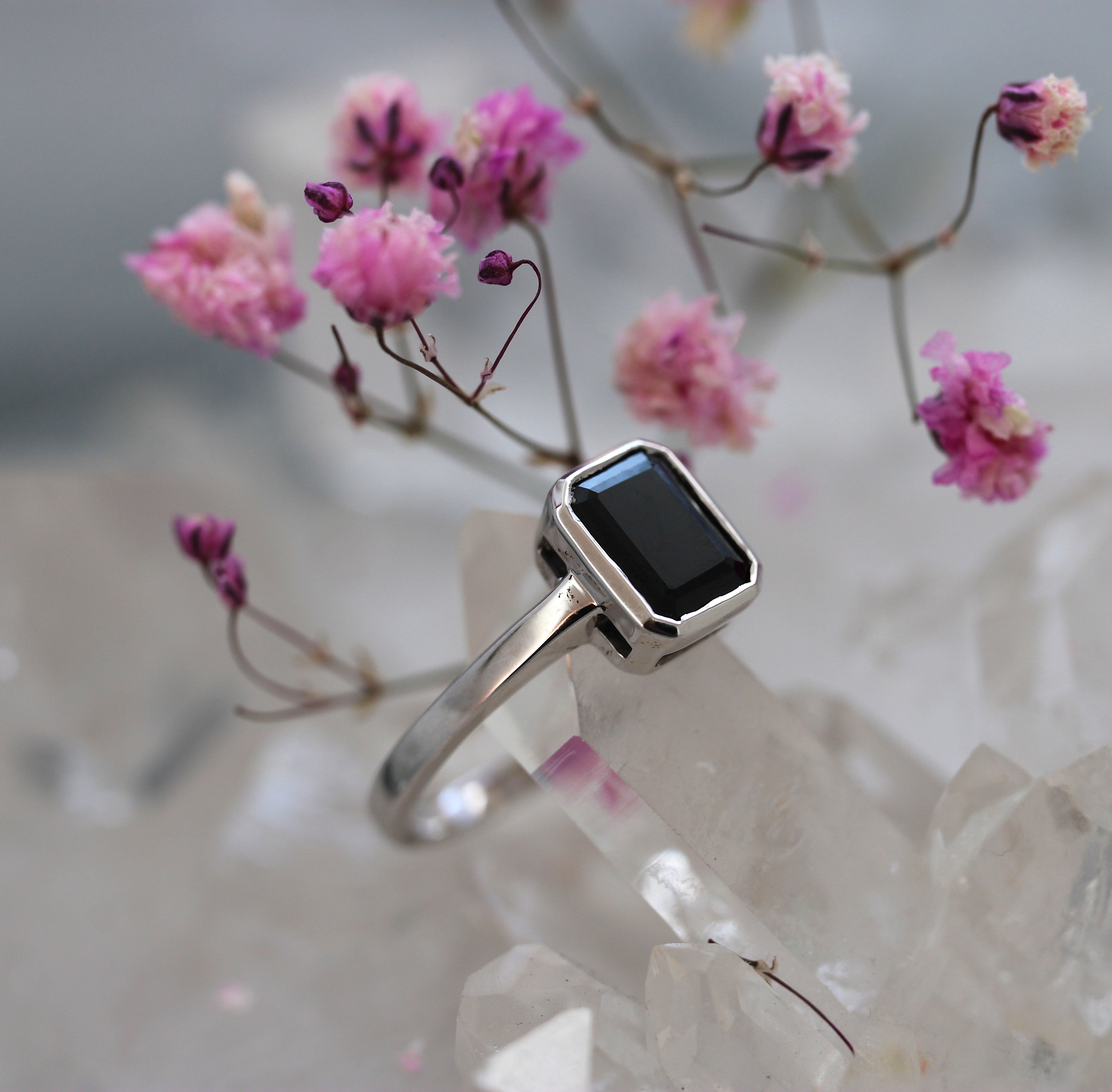 Black Tourmaline Emerald Cut Ring - Bezel Set - Ready to Ship
