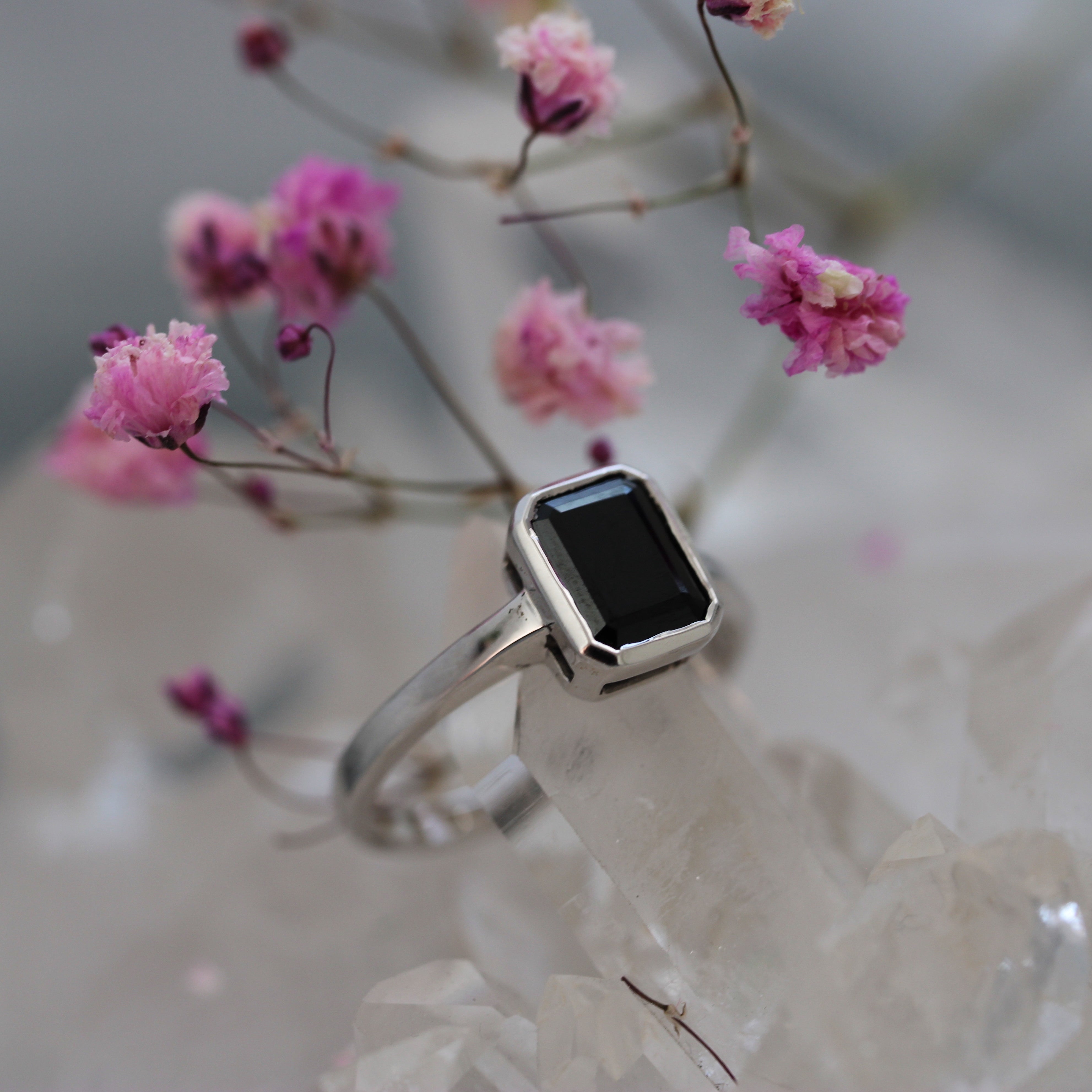 Black Tourmaline Emerald Cut Ring - Bezel Set - Ready to Ship
