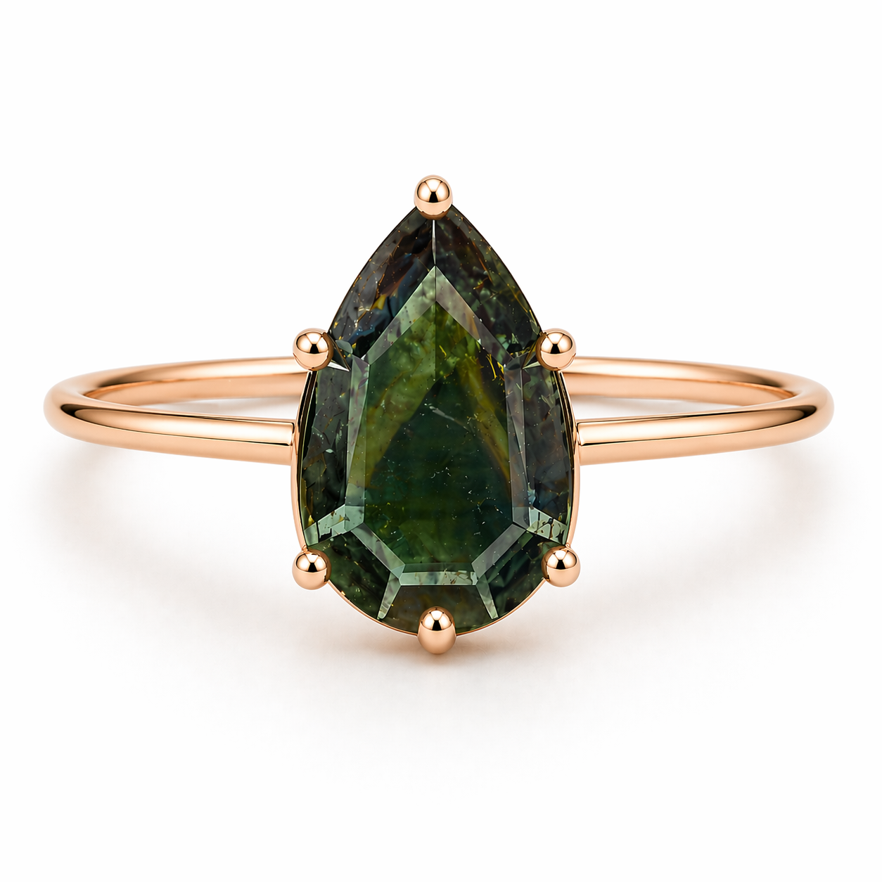 Rose gold ring with a green teardrop-shaped gemstone on a white background