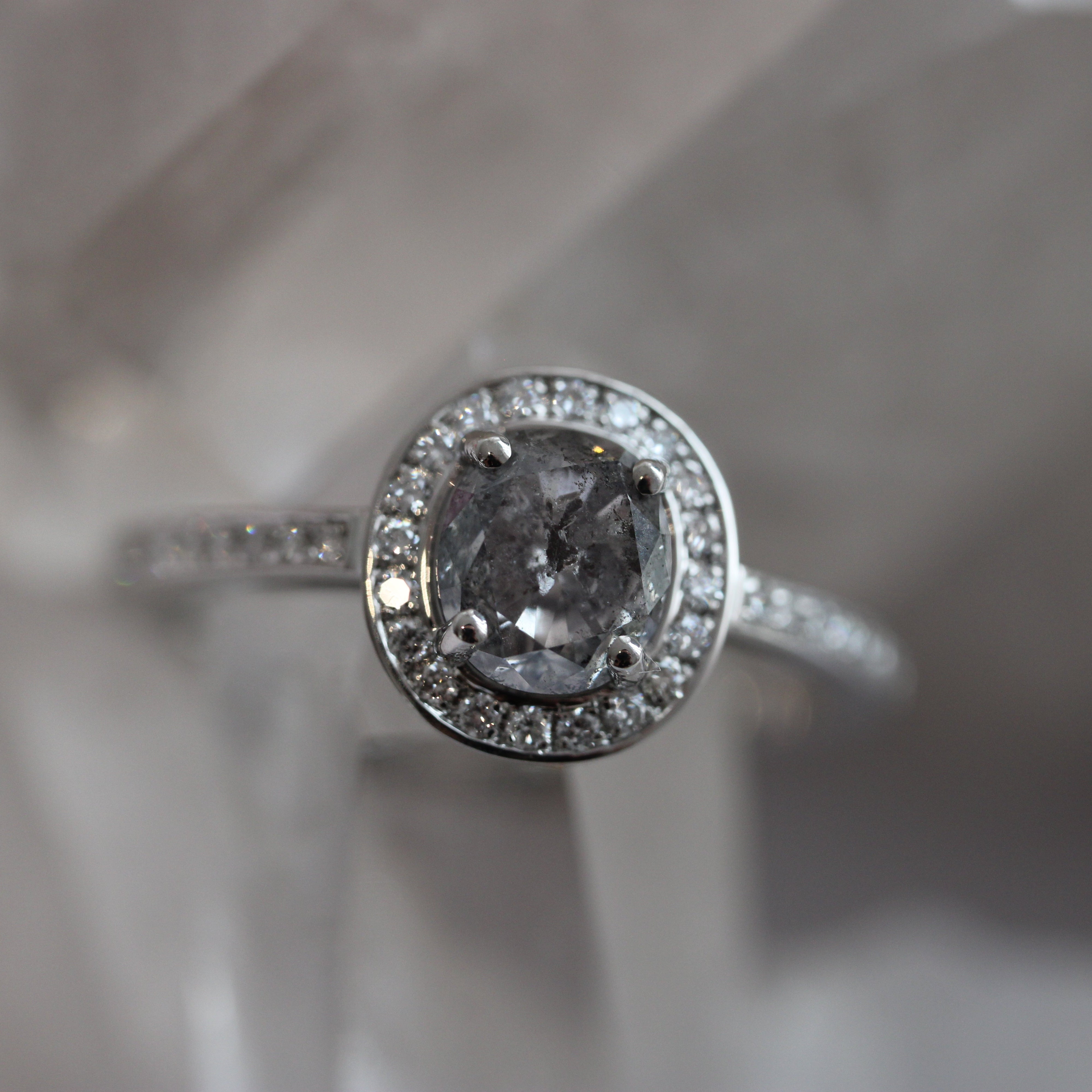 Salt and Pepper Diamond in Halo style engagement ring